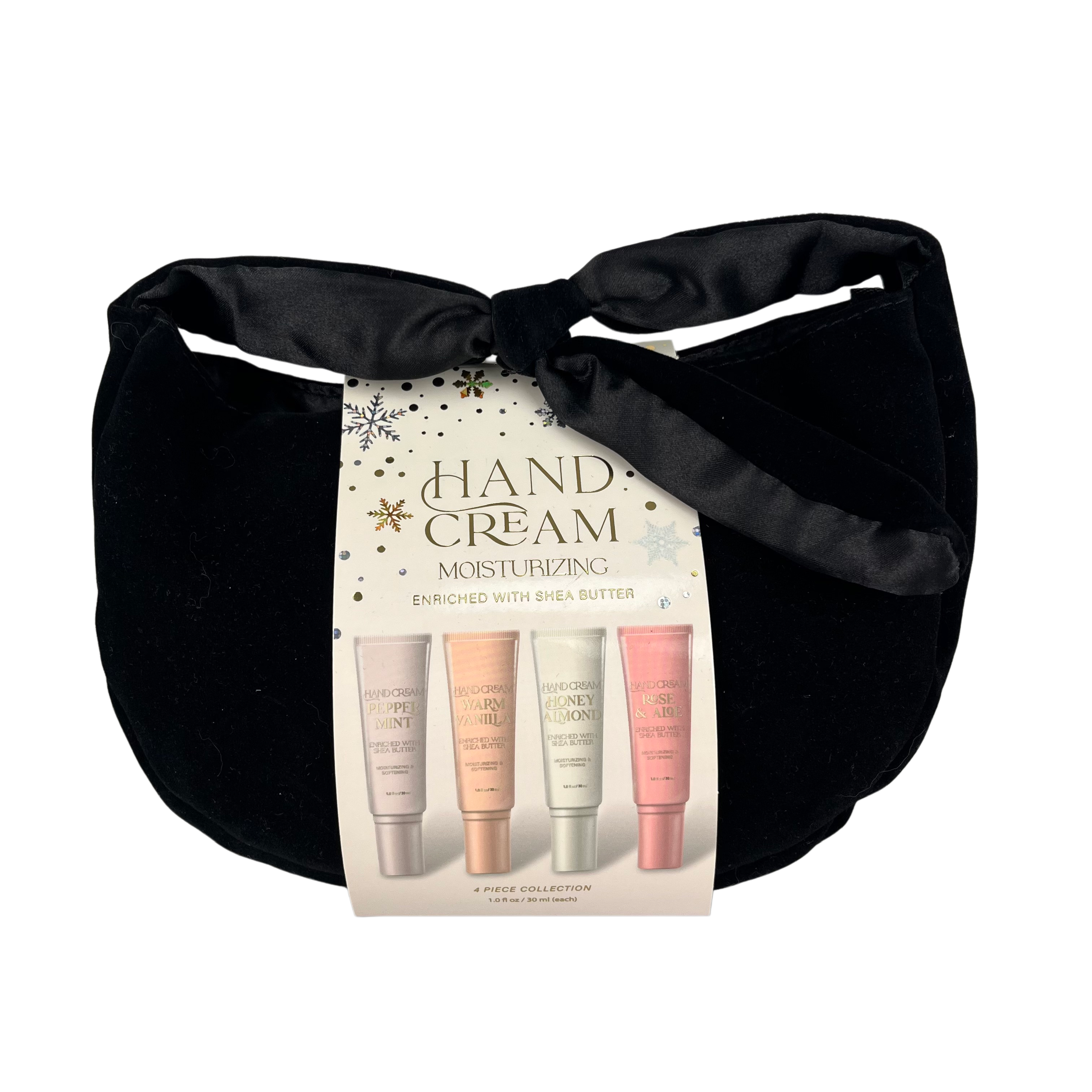 Oem Odm 4-piece Black Velvet Drawstring Handbag Hand Cream Gift Set - Scented - Enriched With Shea Butter - Luxury Cosmetic Kit