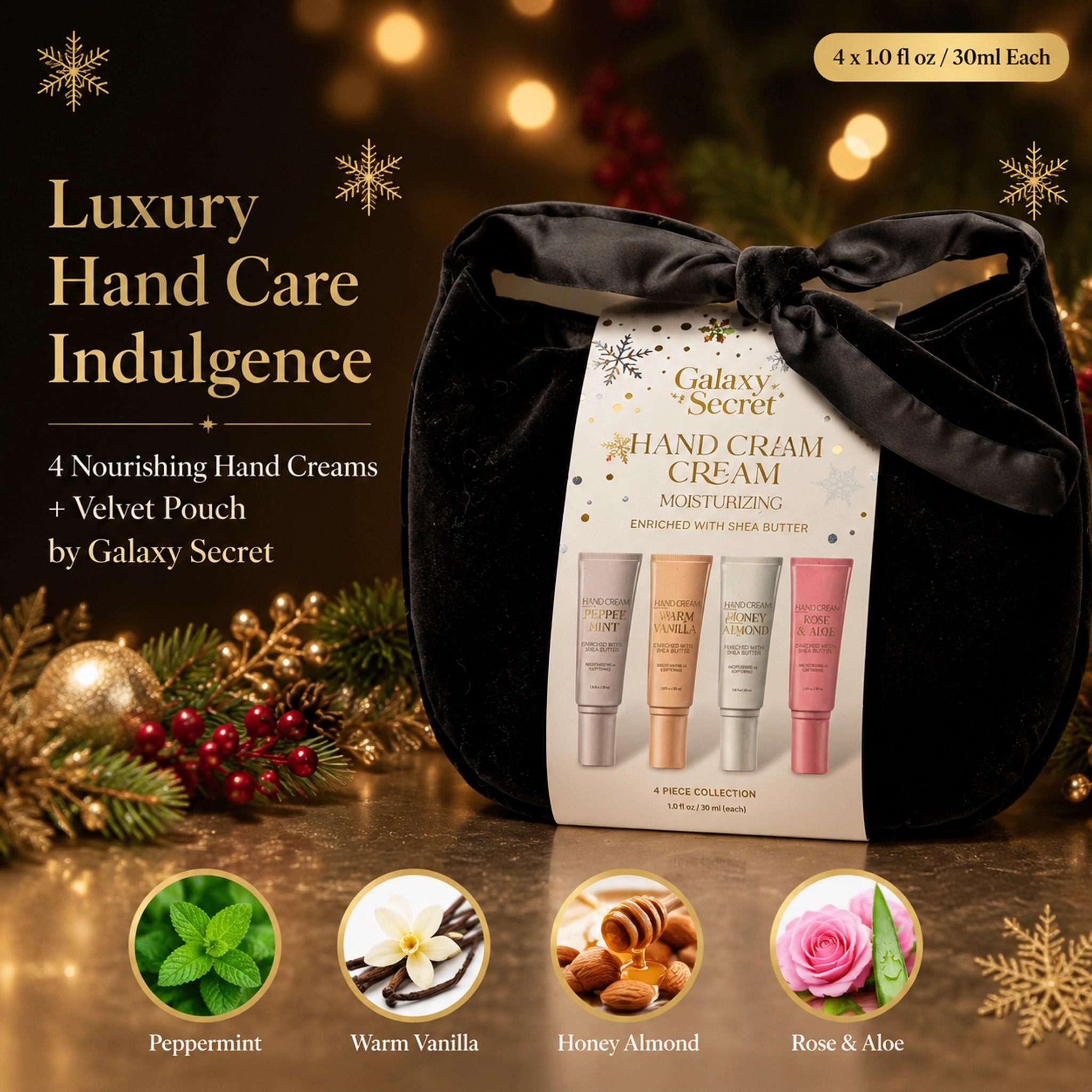 Oem Odm 4-piece Black Velvet Drawstring Handbag Hand Cream Gift Set - Scented - Enriched With Shea Butter - Luxury Cosmetic Kit