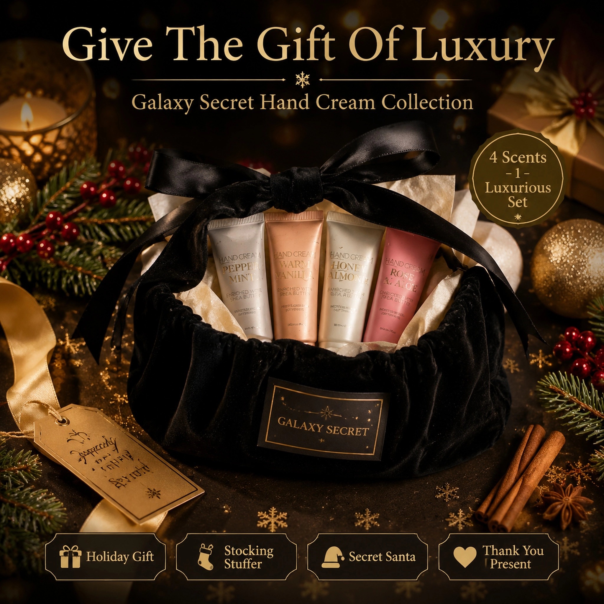 Oem Odm 4-piece Black Velvet Drawstring Handbag Hand Cream Gift Set - Scented - Enriched With Shea Butter - Luxury Cosmetic Kit