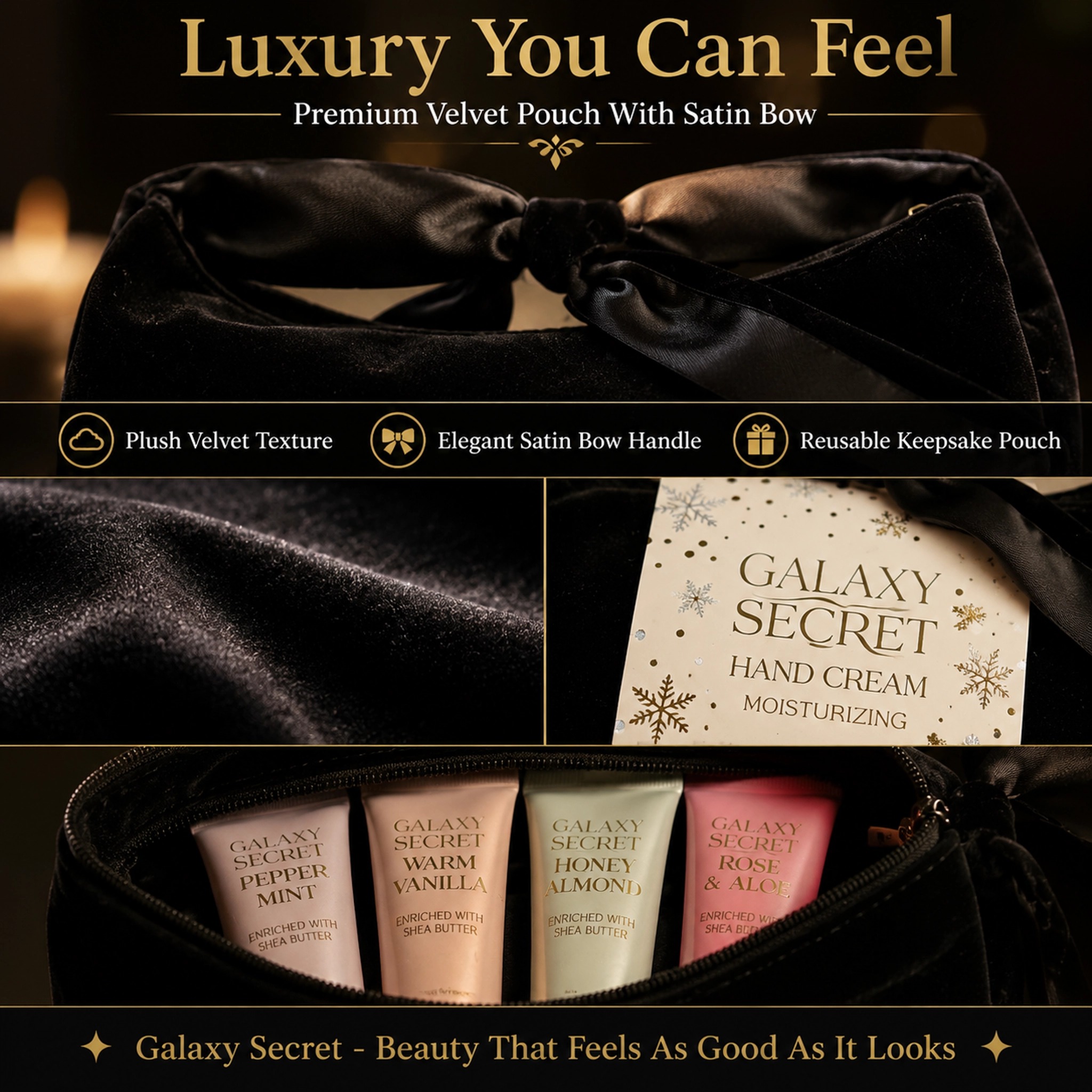 Oem Odm 4-piece Black Velvet Drawstring Handbag Hand Cream Gift Set - Scented - Enriched With Shea Butter - Luxury Cosmetic Kit
