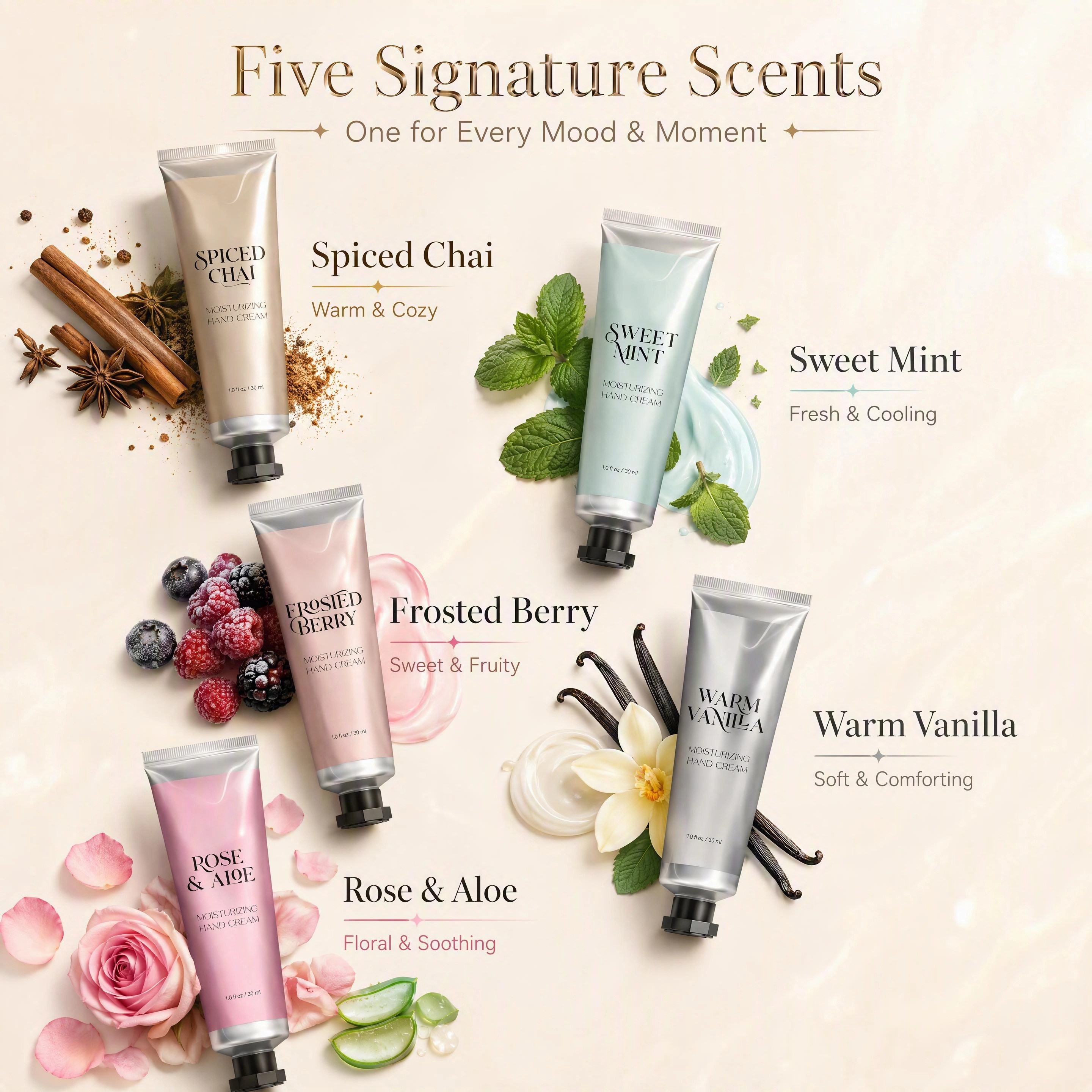 Hot Selling Oem/odm Customizable Whitening Vitamin C Moisturizing Hand Cream Gift Set Vanilla Rose Aloe 5 Assorted Scents