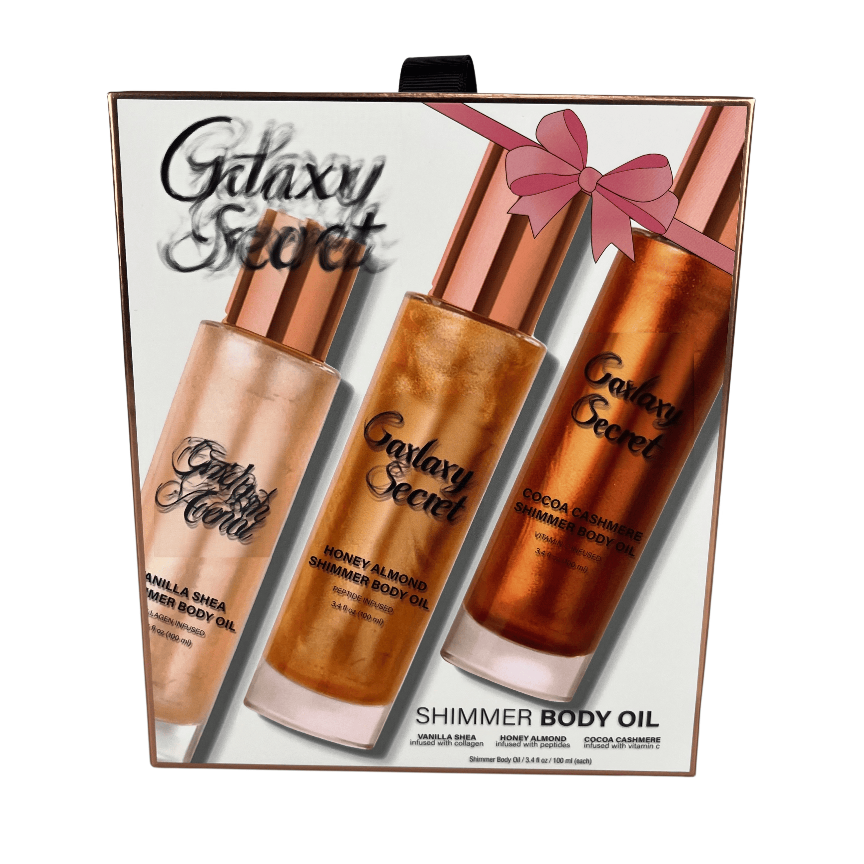 Oem Odm 3-piece Shimmer Body Oil Gift Set - Vanilla Shea/honey Almond/cocoa Cashmere Scented - Luxury Cosmetic Kit With Bow