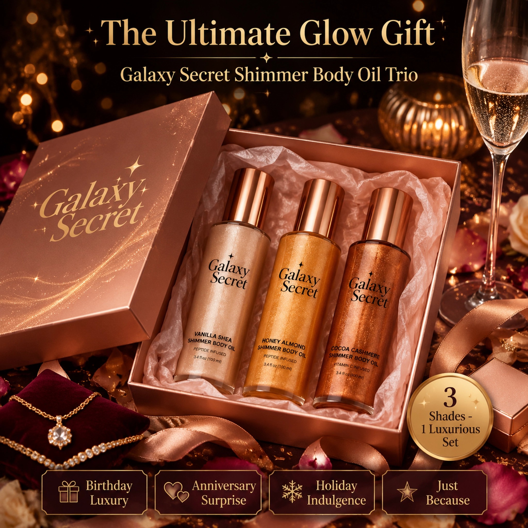Oem Odm 3-piece Shimmer Body Oil Gift Set - Vanilla Shea/honey Almond/cocoa Cashmere Scented - Luxury Cosmetic Kit With Bow