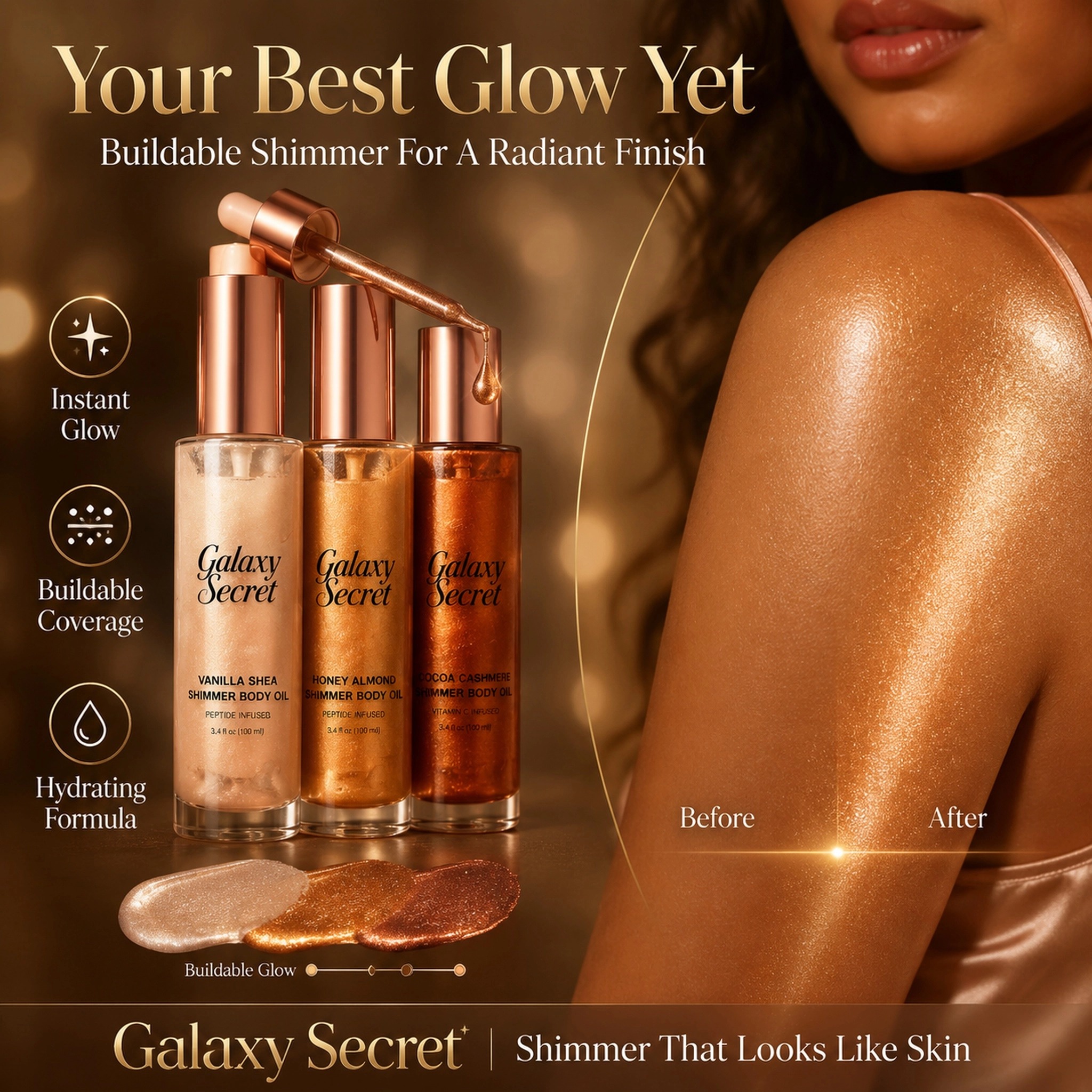 Oem Odm 3-piece Shimmer Body Oil Gift Set - Vanilla Shea/honey Almond/cocoa Cashmere Scented - Luxury Cosmetic Kit With Bow