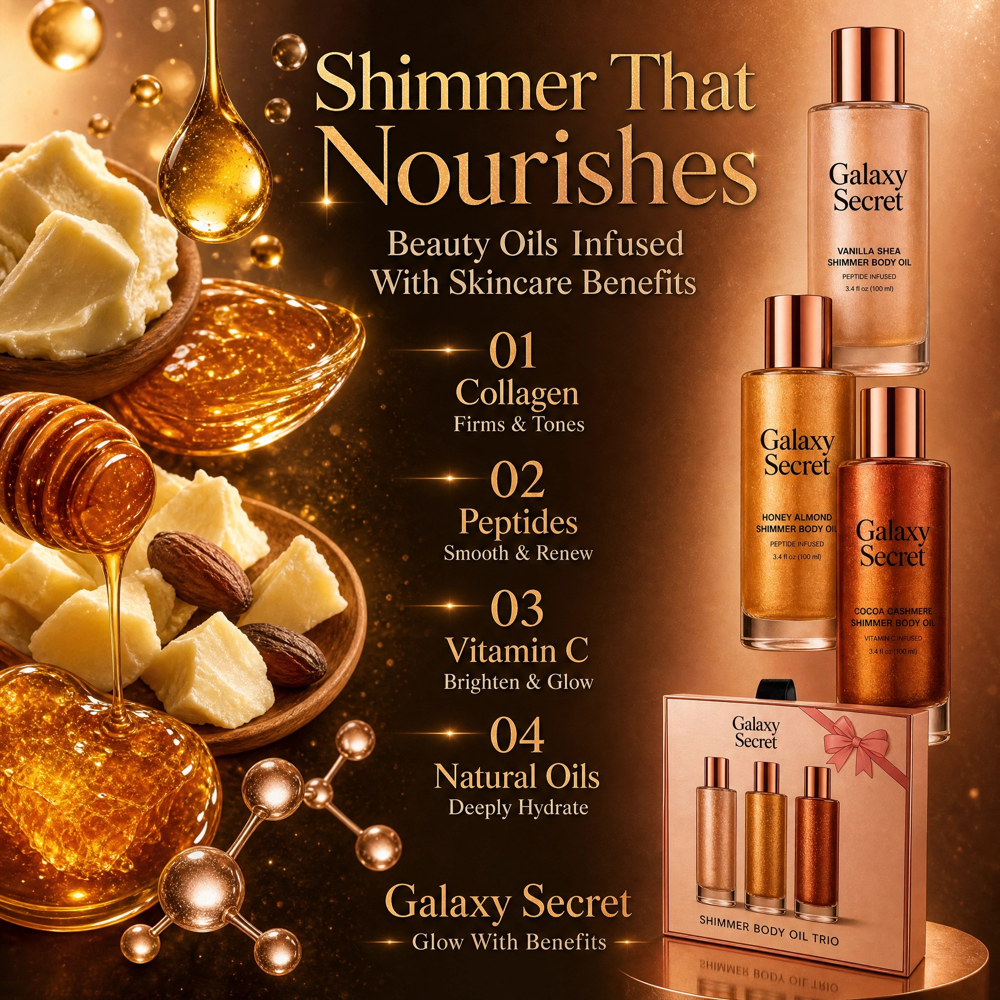 Oem Odm 3-piece Shimmer Body Oil Gift Set - Vanilla Shea/honey Almond/cocoa Cashmere Scented - Luxury Cosmetic Kit With Bow