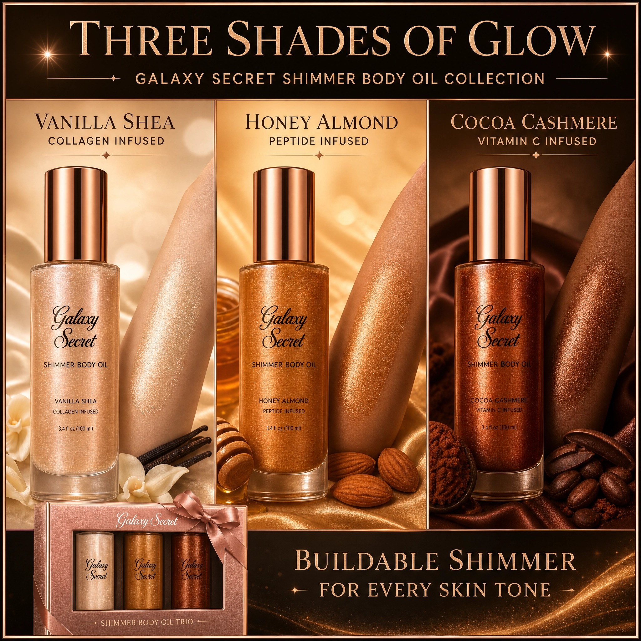Oem Odm 3-piece Shimmer Body Oil Gift Set - Vanilla Shea/honey Almond/cocoa Cashmere Scented - Luxury Cosmetic Kit With Bow