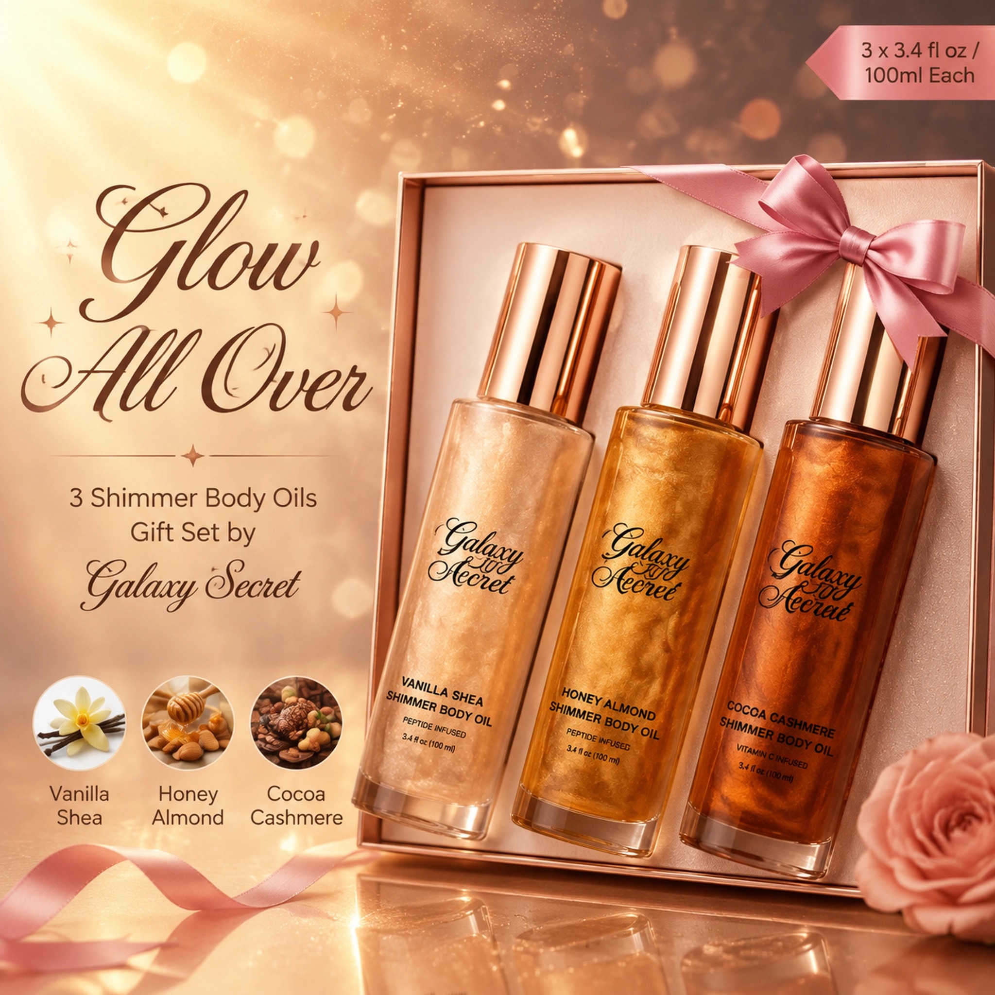 Oem Odm 3-piece Shimmer Body Oil Gift Set - Vanilla Shea/honey Almond/cocoa Cashmere Scented - Luxury Cosmetic Kit With Bow