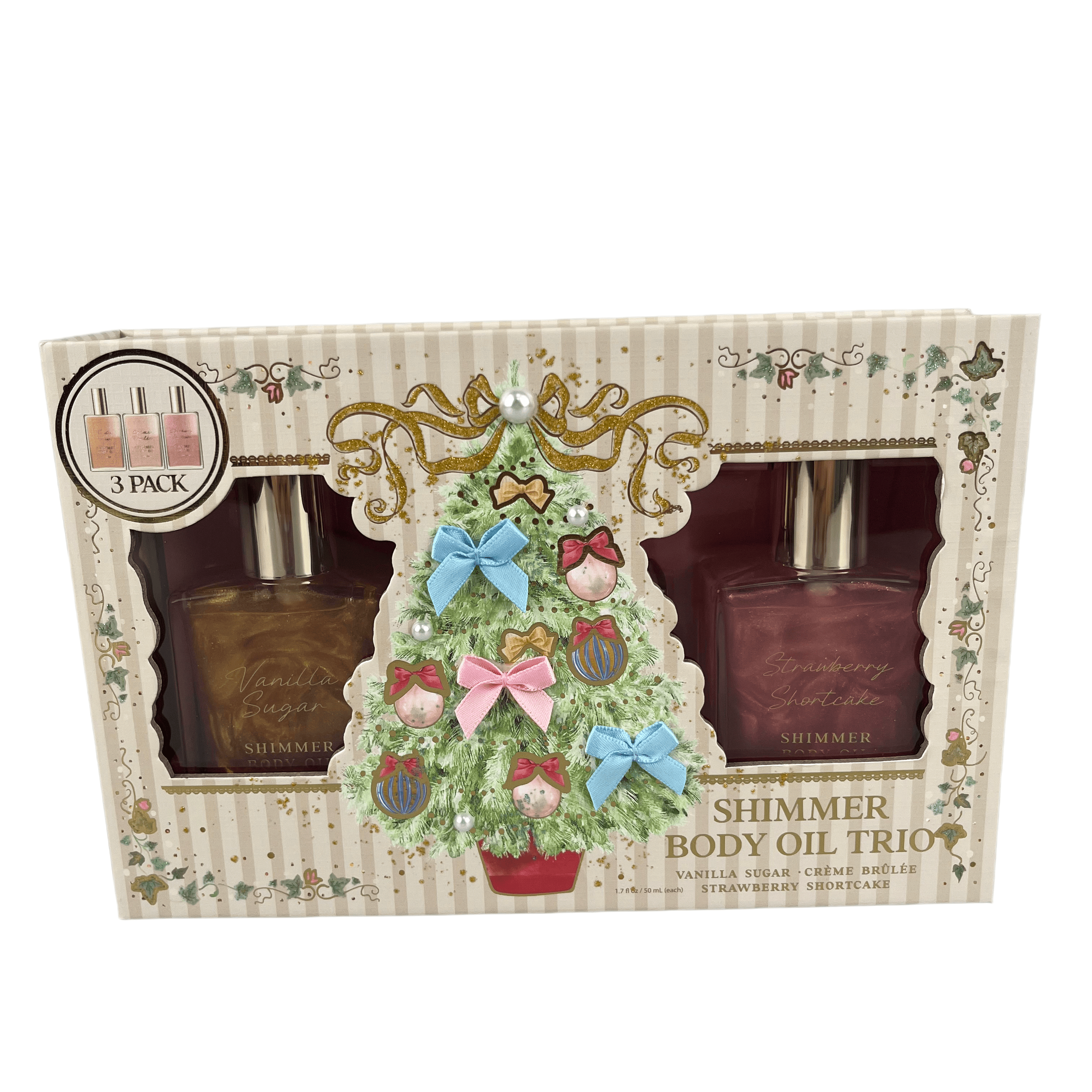 Oem Odm 3pcs Shimmer Body Oils With Shea Butter Natural Organic Moisturizing & Nourishing Christmas Tree Gift Set