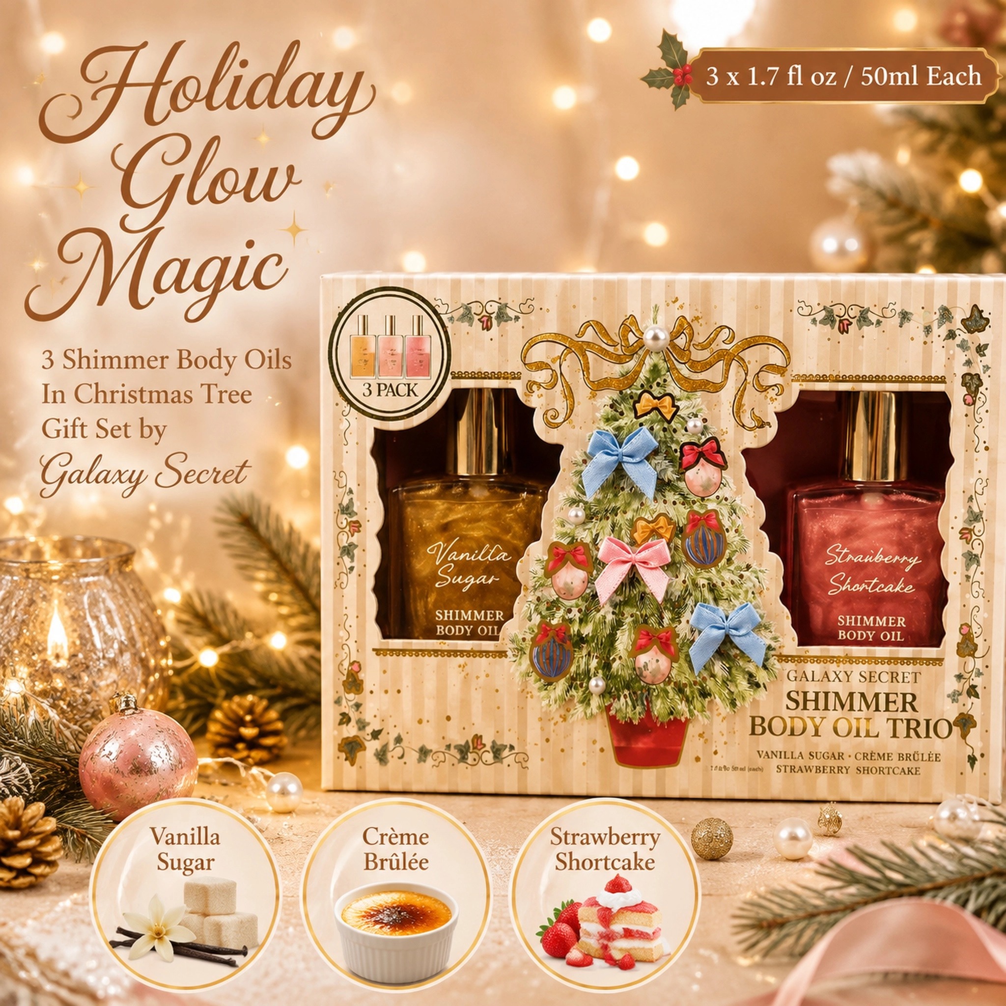 Oem Odm 3pcs Shimmer Body Oils With Shea Butter Natural Organic Moisturizing & Nourishing Christmas Tree Gift Set