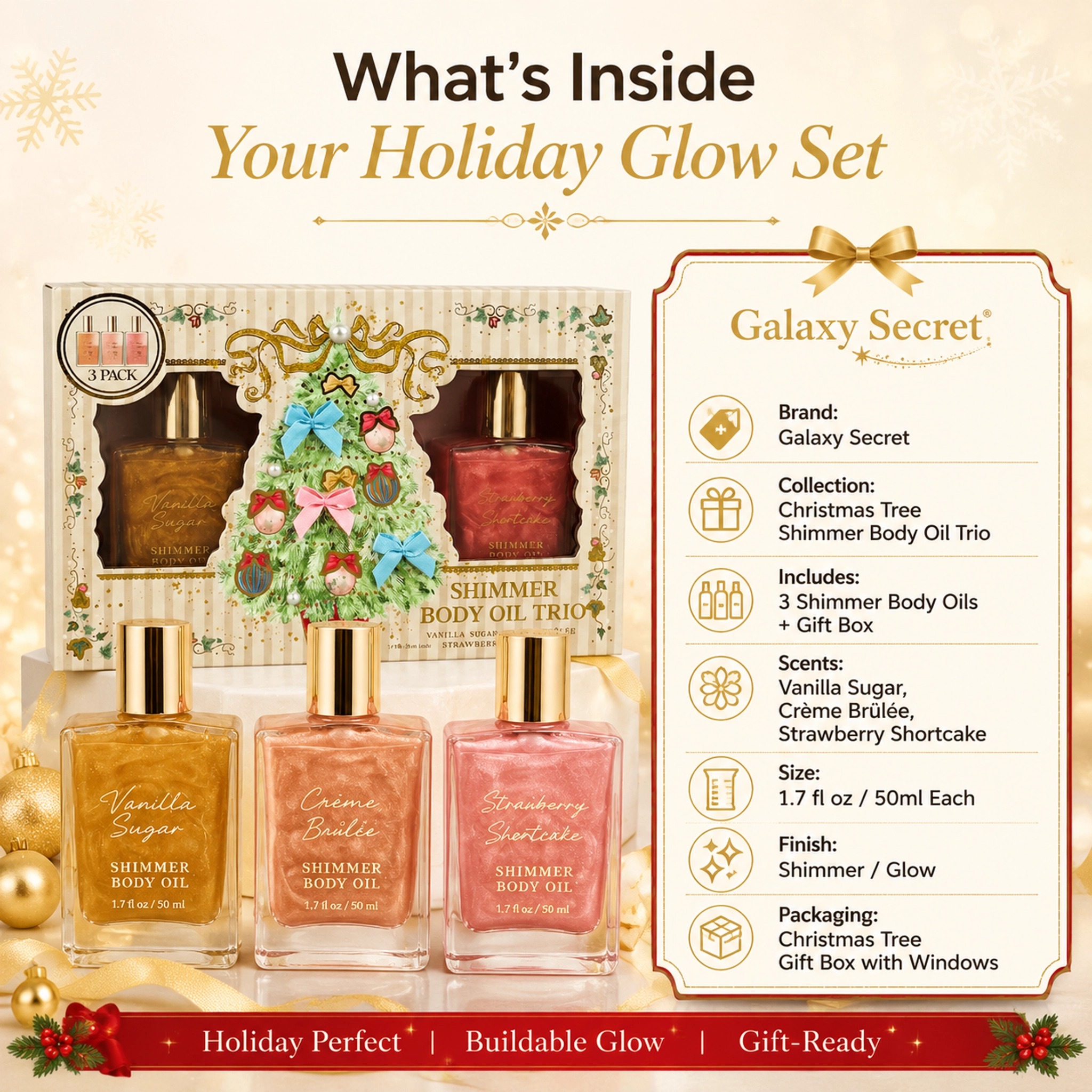 Oem Odm 3pcs Shimmer Body Oils With Shea Butter Natural Organic Moisturizing & Nourishing Christmas Tree Gift Set