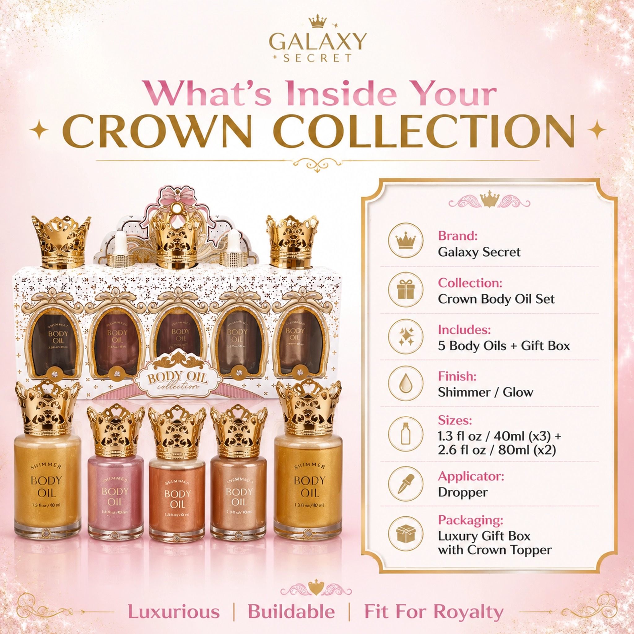 Oem Odm 5-piece Luxury Body Oil Collection In Ornate Gift Box With Gold Crown Caps - Royal Elegance Cosmetic Set