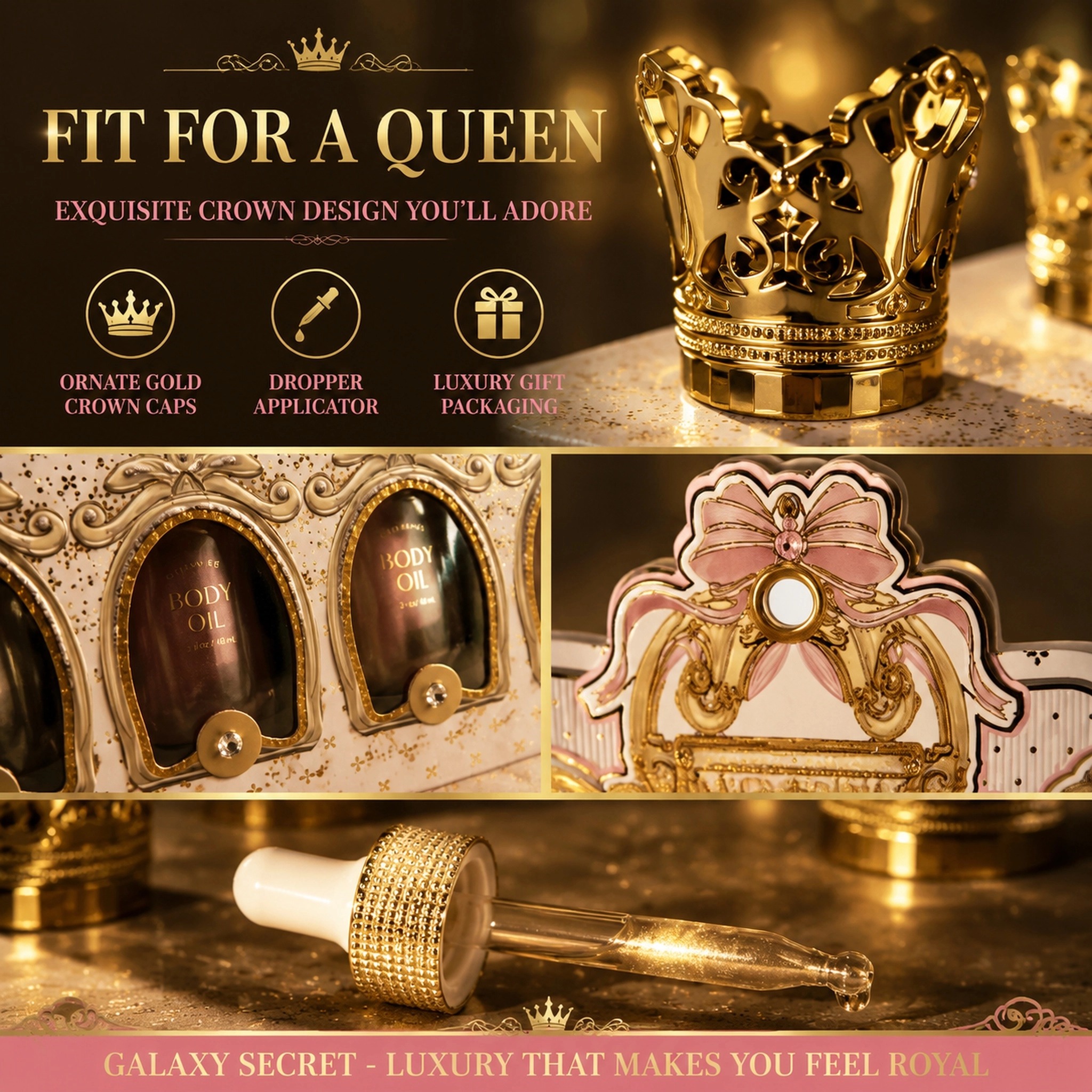 Oem Odm 5-piece Luxury Body Oil Collection In Ornate Gift Box With Gold Crown Caps - Royal Elegance Cosmetic Set