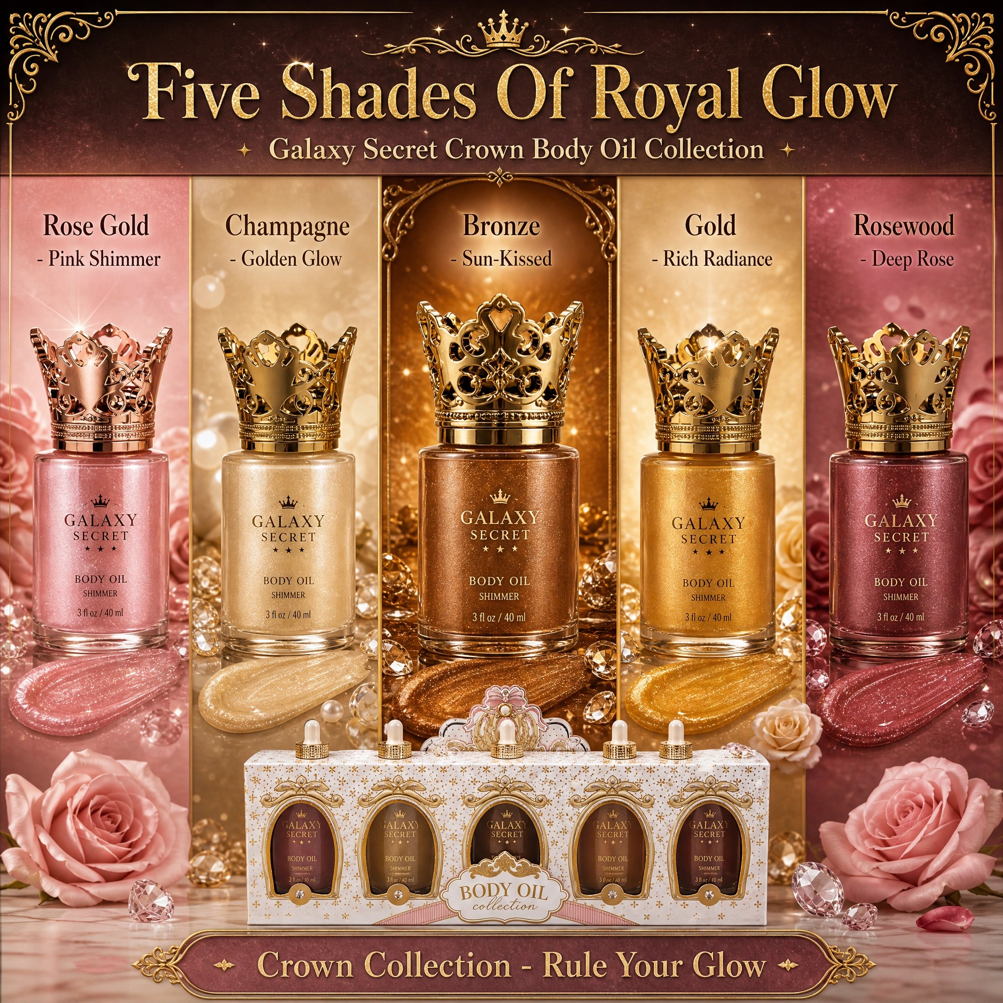 Oem Odm 5-piece Luxury Body Oil Collection In Ornate Gift Box With Gold Crown Caps - Royal Elegance Cosmetic Set