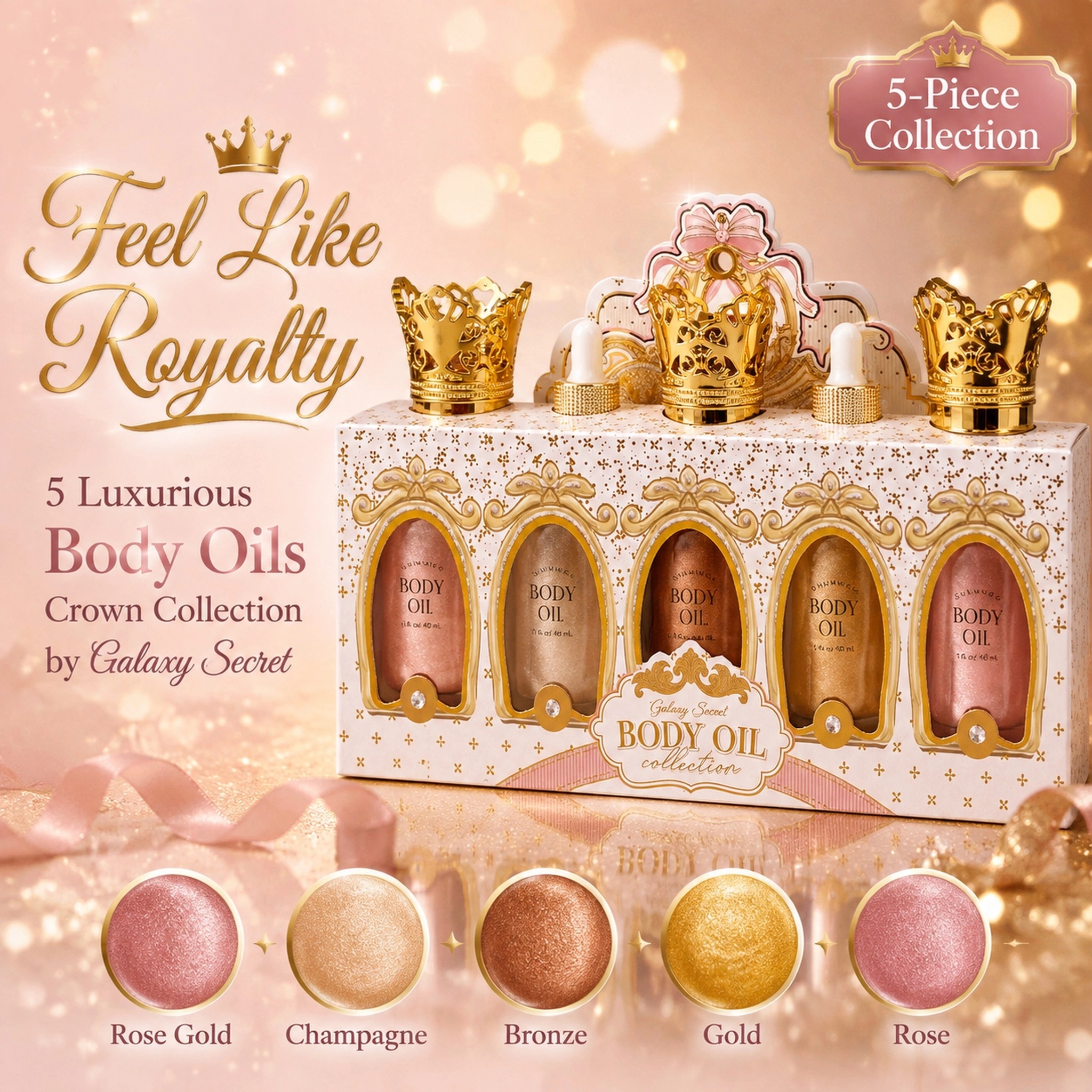 Oem Odm 5-piece Luxury Body Oil Collection In Ornate Gift Box With Gold Crown Caps - Royal Elegance Cosmetic Set