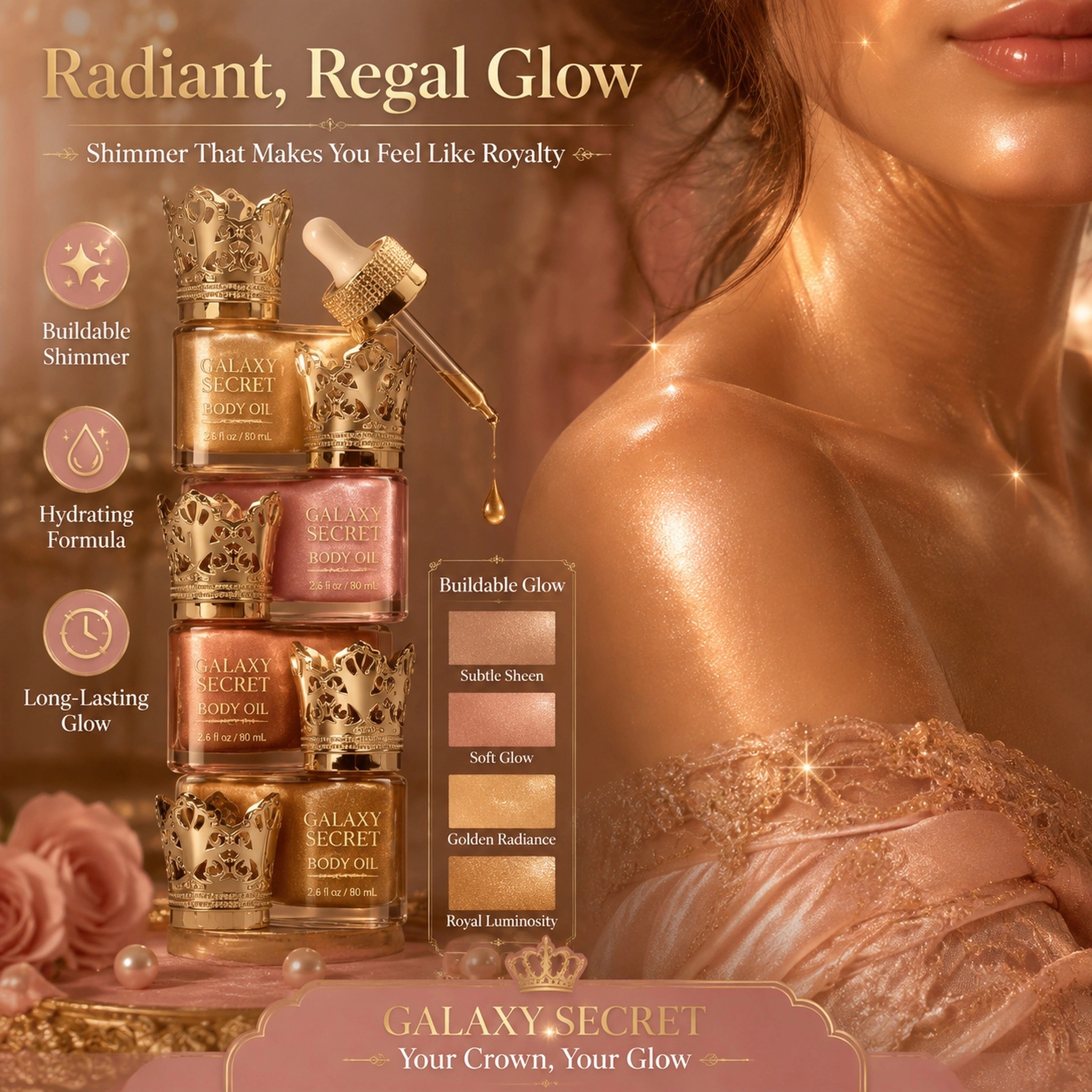 Oem Odm 5-piece Luxury Body Oil Collection In Ornate Gift Box With Gold Crown Caps - Royal Elegance Cosmetic Set