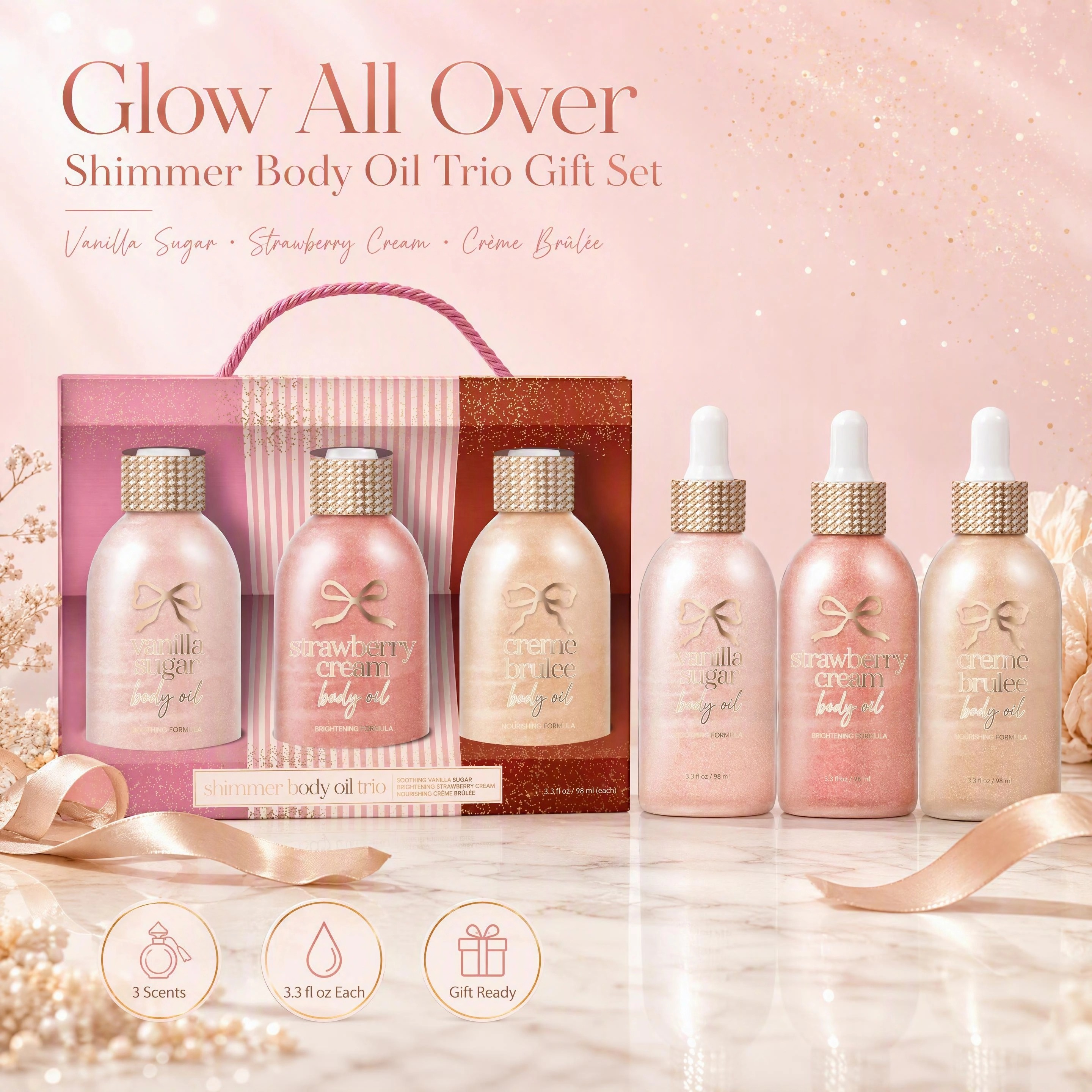 Shimmer Body Oil Trio Gift Set 3 Scents Vanilla Sugar Strawberry Cream Customizable Glow All Over Pearlescent Shimmer Body Oil