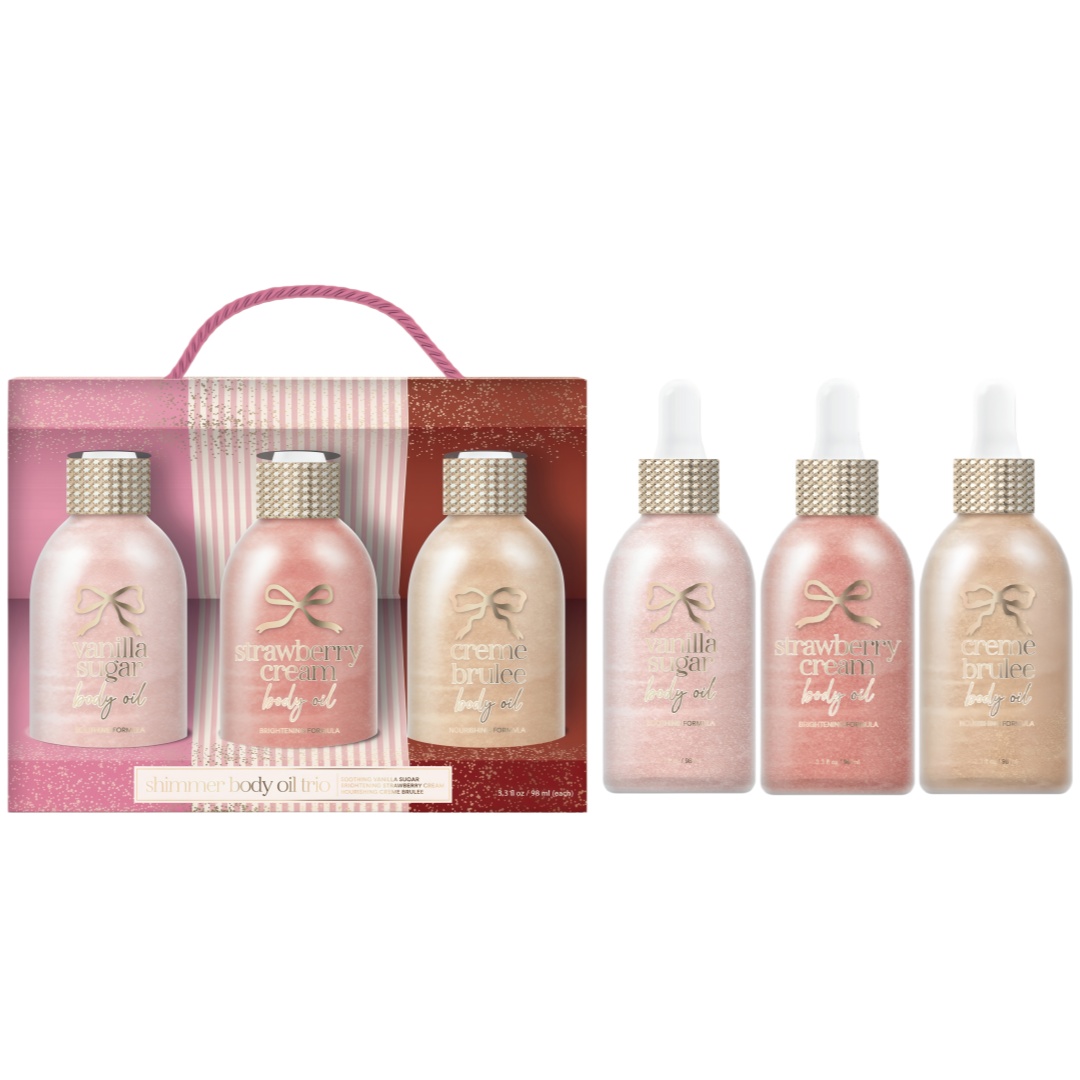 Shimmer Body Oil Trio Gift Set 3 Scents Vanilla Sugar Strawberry Cream Customizable Glow All Over Pearlescent Shimmer Body Oil