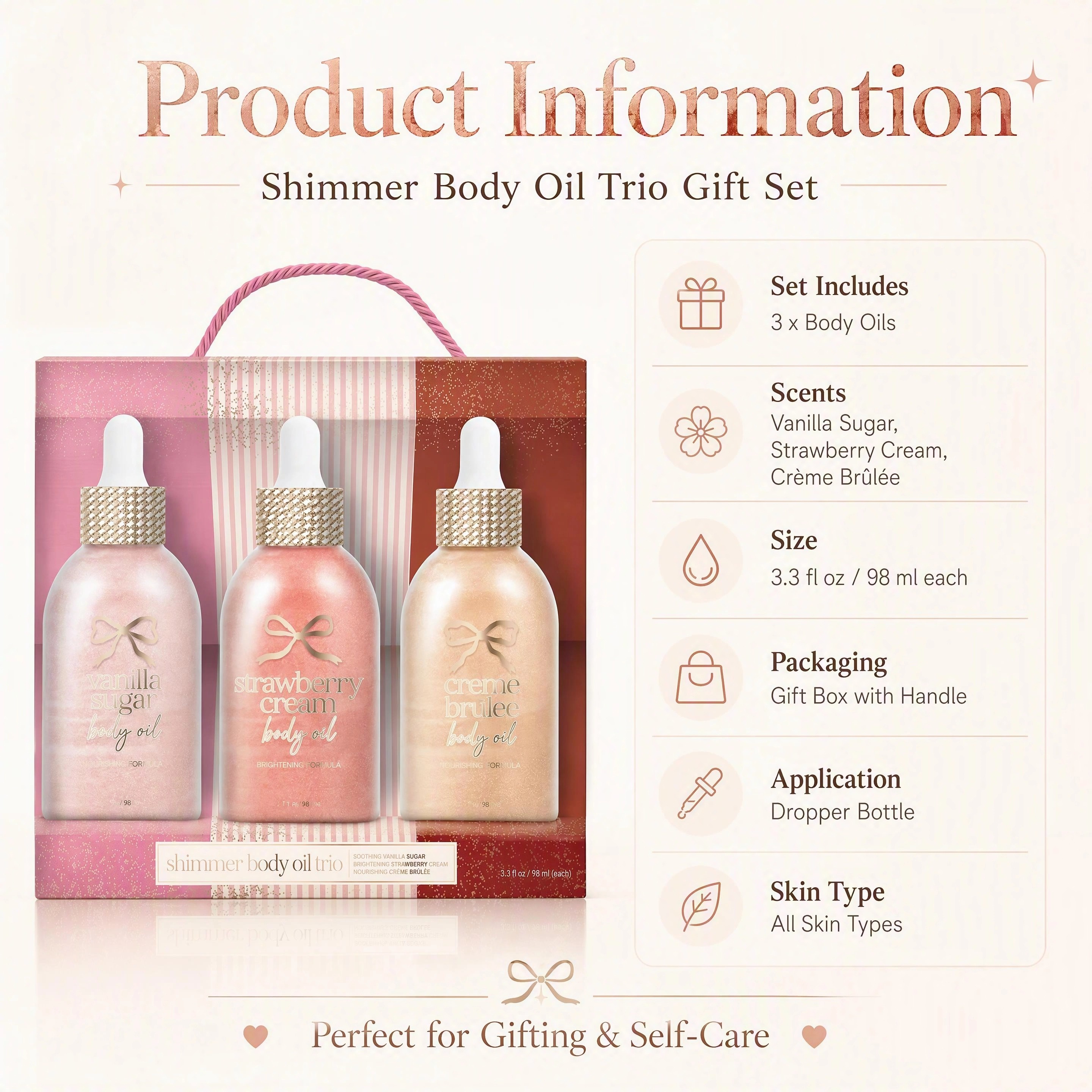 Shimmer Body Oil Trio Gift Set 3 Scents Vanilla Sugar Strawberry Cream Customizable Glow All Over Pearlescent Shimmer Body Oil