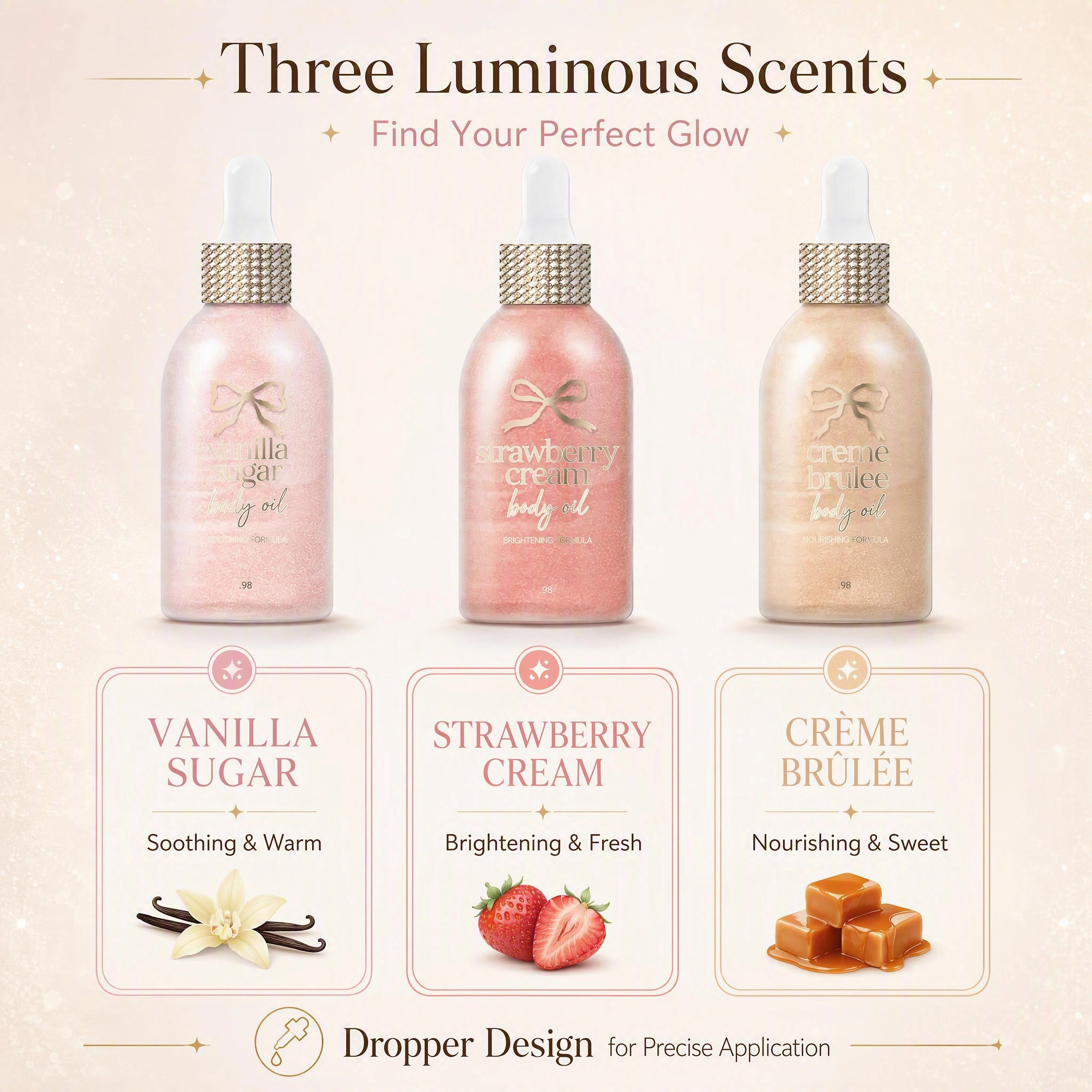 Shimmer Body Oil Trio Gift Set 3 Scents Vanilla Sugar Strawberry Cream Customizable Glow All Over Pearlescent Shimmer Body Oil