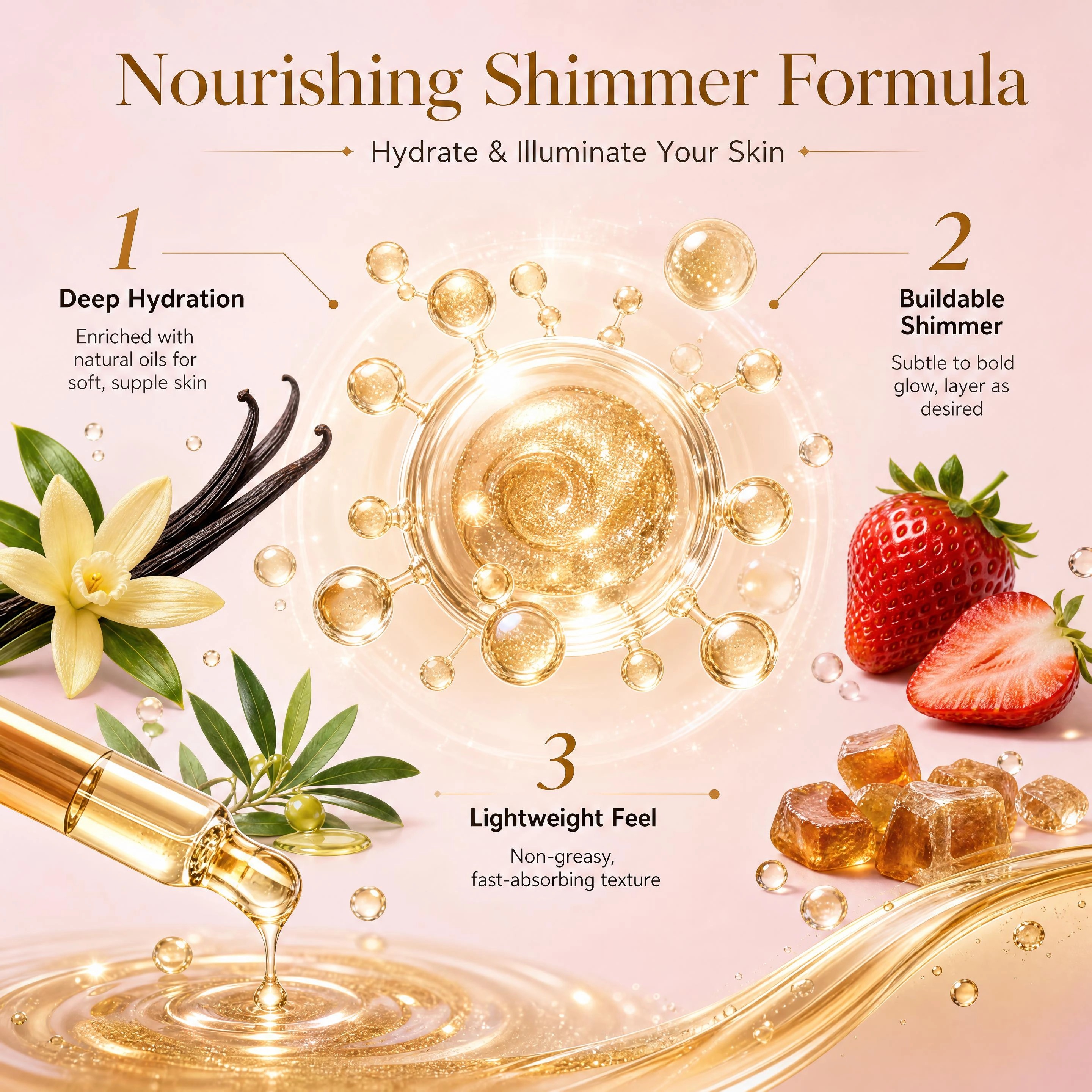 Shimmer Body Oil Trio Gift Set 3 Scents Vanilla Sugar Strawberry Cream Customizable Glow All Over Pearlescent Shimmer Body Oil