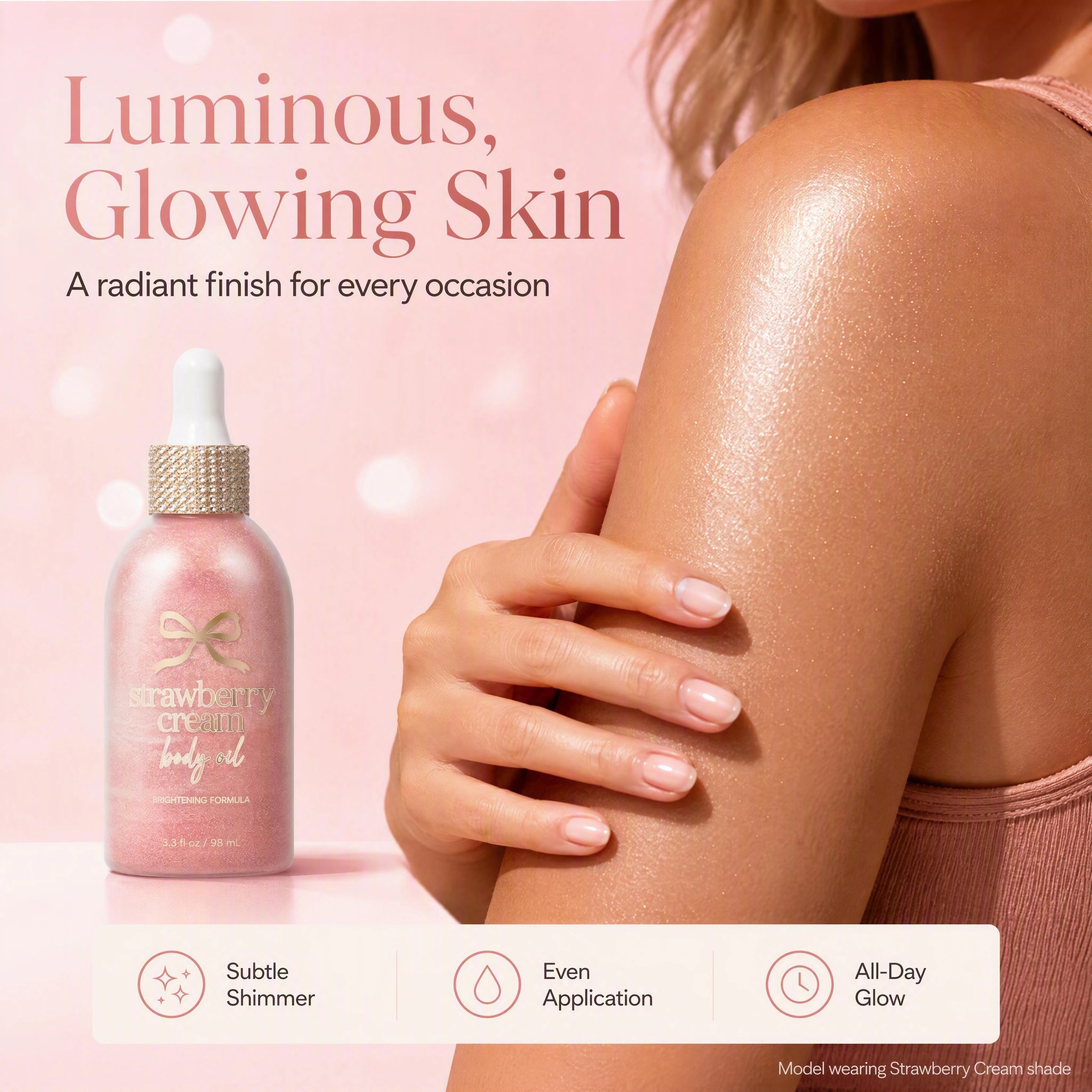 Shimmer Body Oil Trio Gift Set 3 Scents Vanilla Sugar Strawberry Cream Customizable Glow All Over Pearlescent Shimmer Body Oil