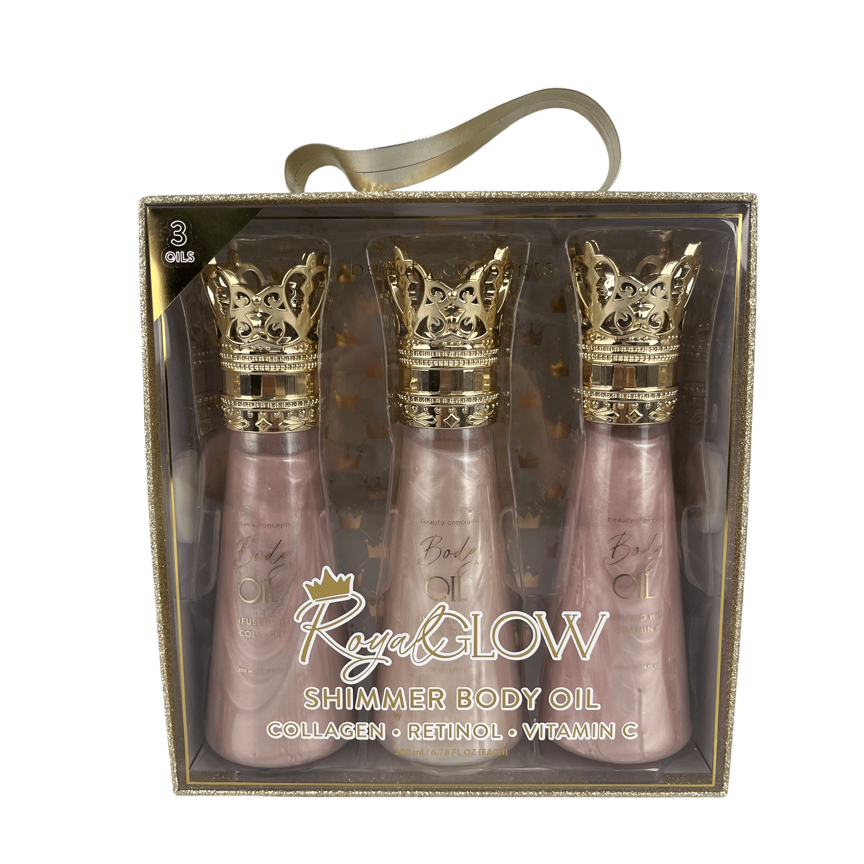 Oem Odm 3-piece Luxury Body Shimmer Oil Collection In Ornate Gift Box With Gold Crown Caps - Royal Elegance Cosmetic Set