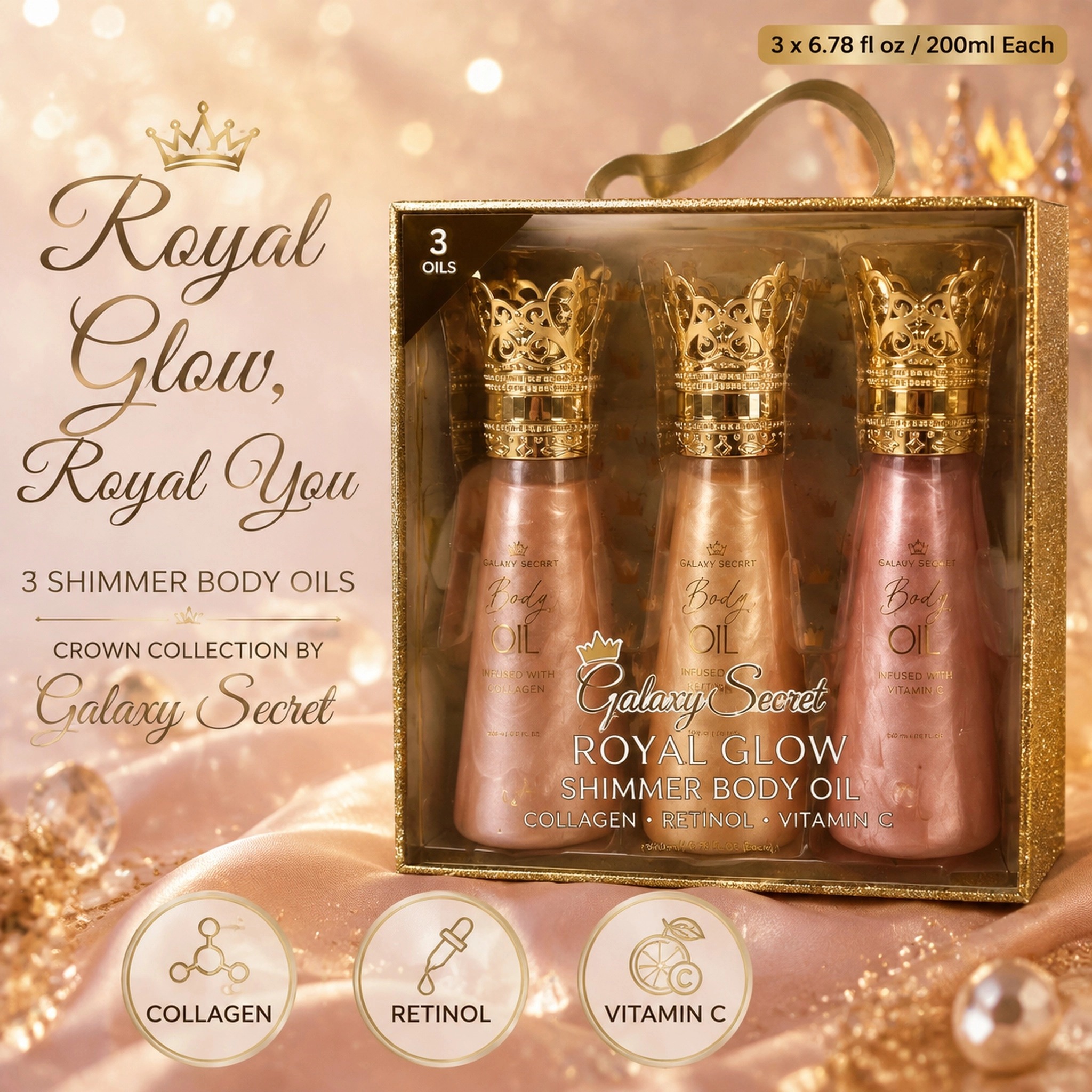 Oem Odm 3-piece Luxury Body Shimmer Oil Collection In Ornate Gift Box With Gold Crown Caps - Royal Elegance Cosmetic Set
