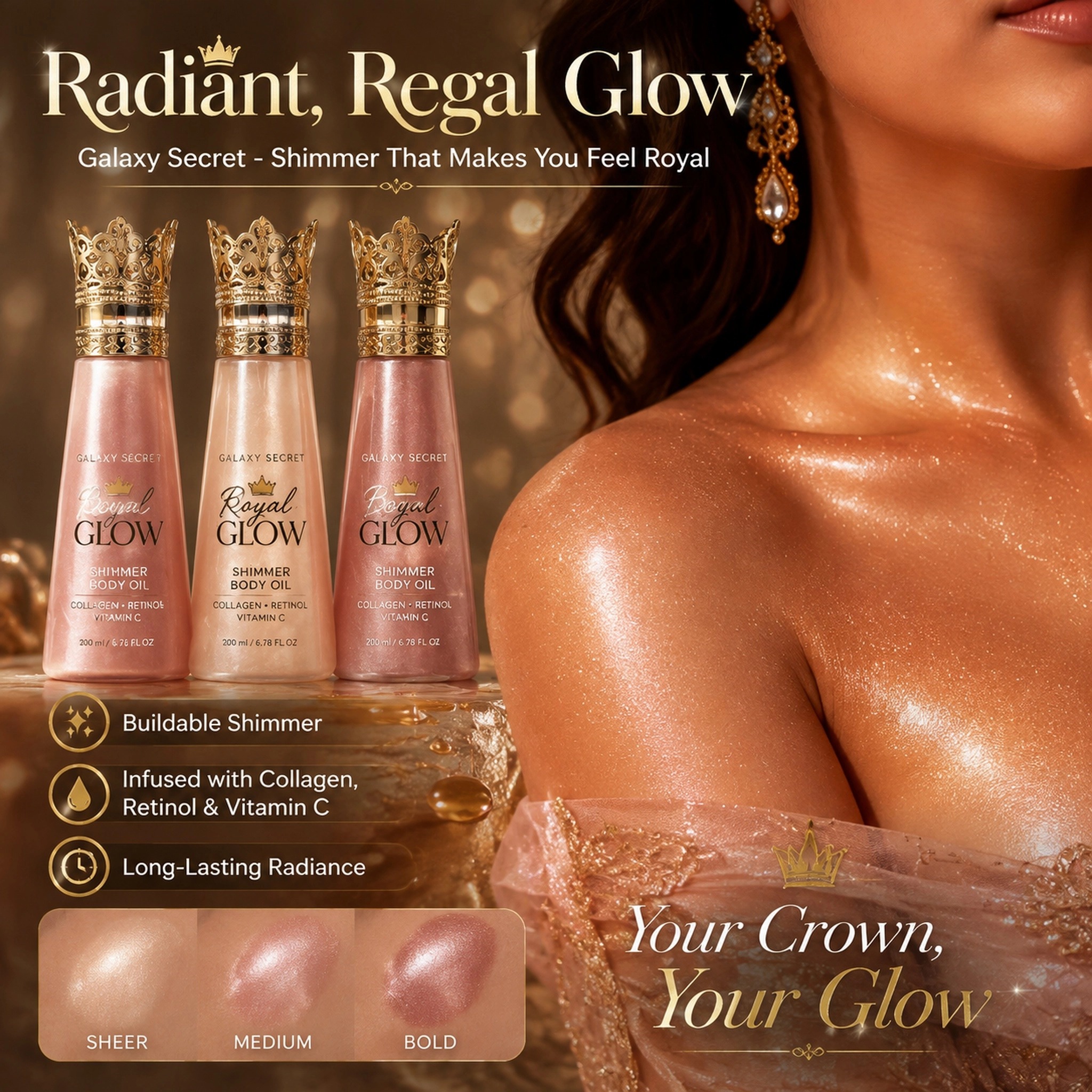 Oem Odm 3-piece Luxury Body Shimmer Oil Collection In Ornate Gift Box With Gold Crown Caps - Royal Elegance Cosmetic Set