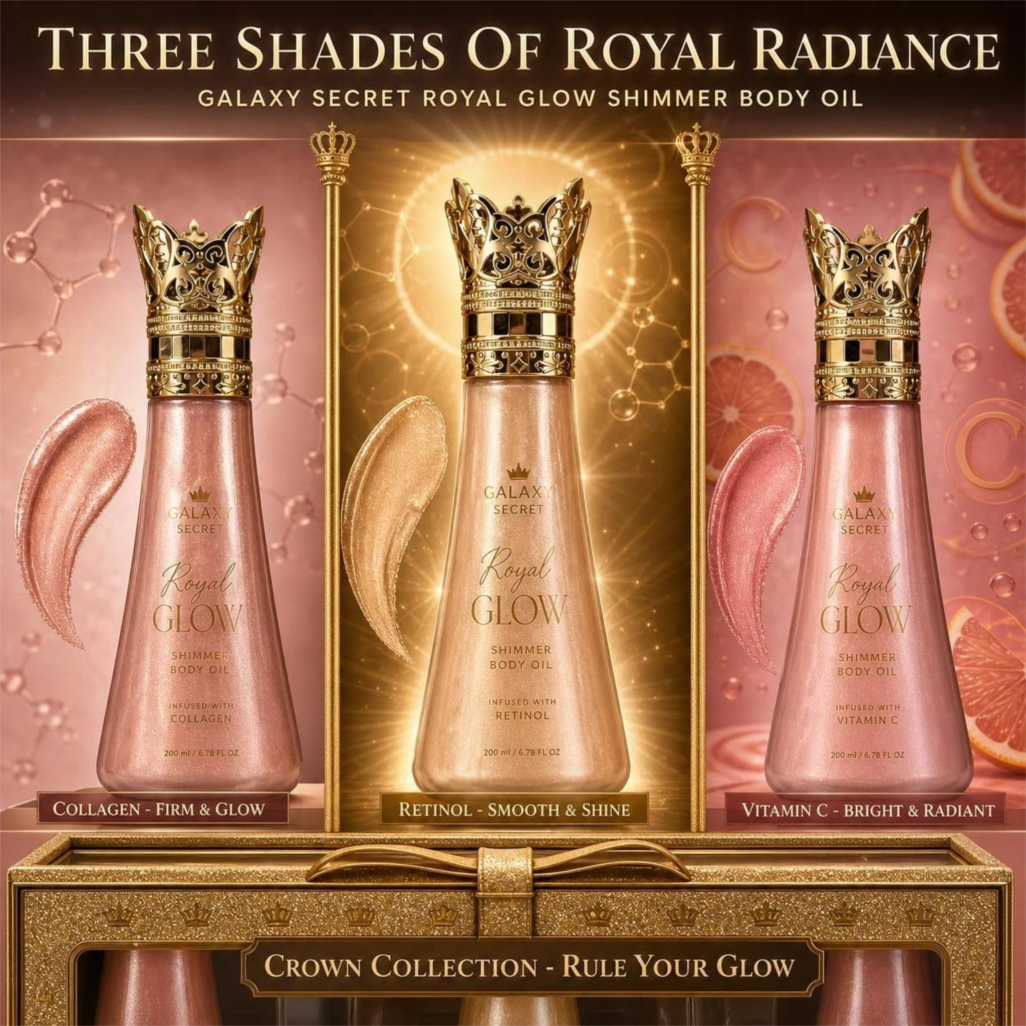 Oem Odm 3-piece Luxury Body Shimmer Oil Collection In Ornate Gift Box With Gold Crown Caps - Royal Elegance Cosmetic Set