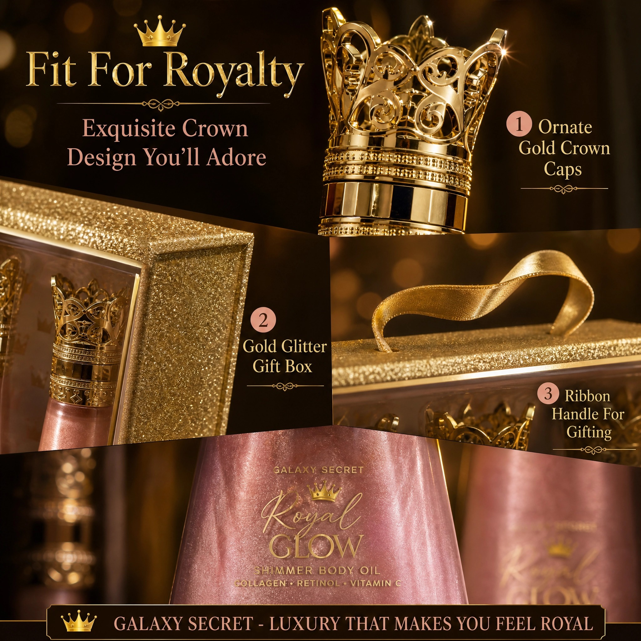 Oem Odm 3-piece Luxury Body Shimmer Oil Collection In Ornate Gift Box With Gold Crown Caps - Royal Elegance Cosmetic Set