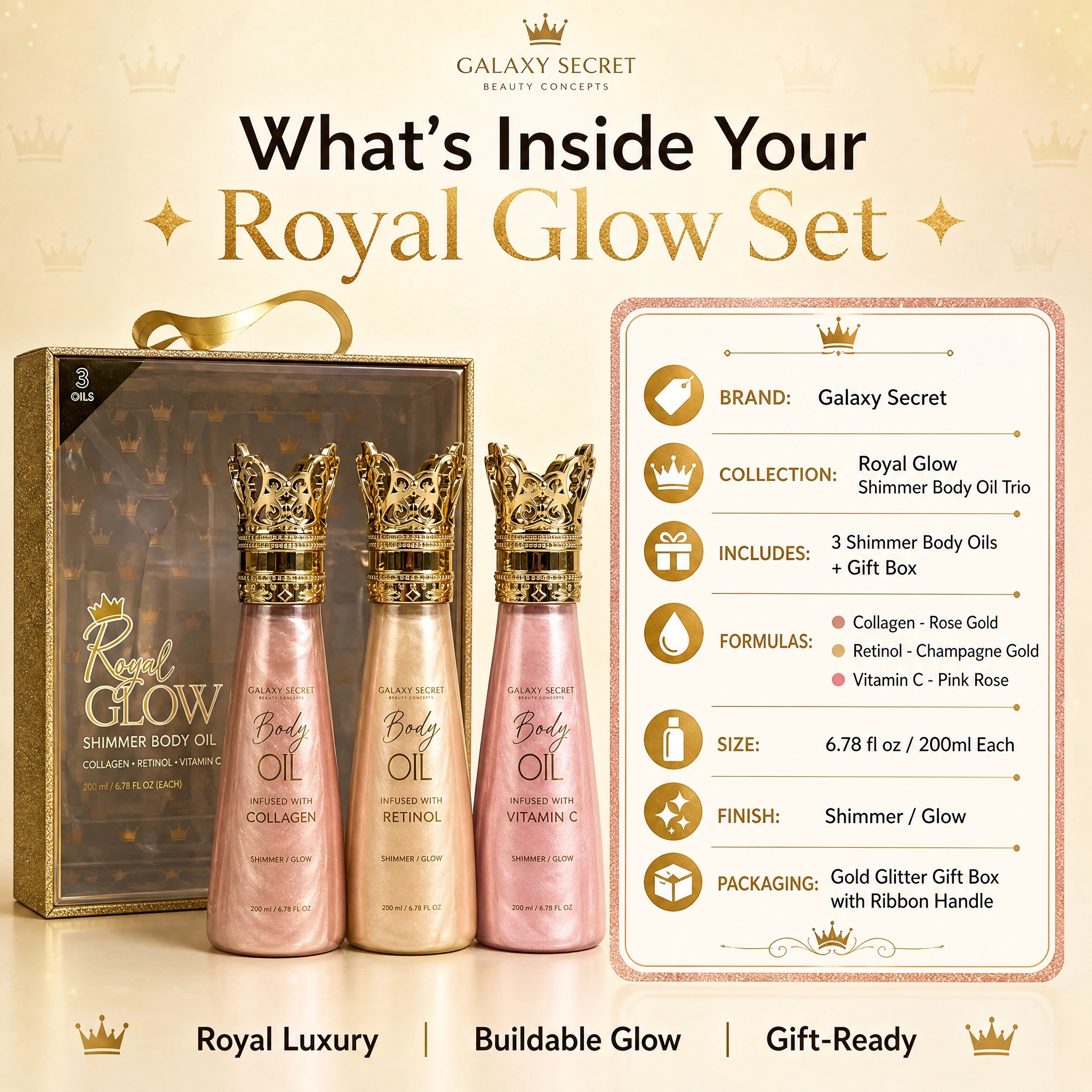 Oem Odm 3-piece Luxury Body Shimmer Oil Collection In Ornate Gift Box With Gold Crown Caps - Royal Elegance Cosmetic Set