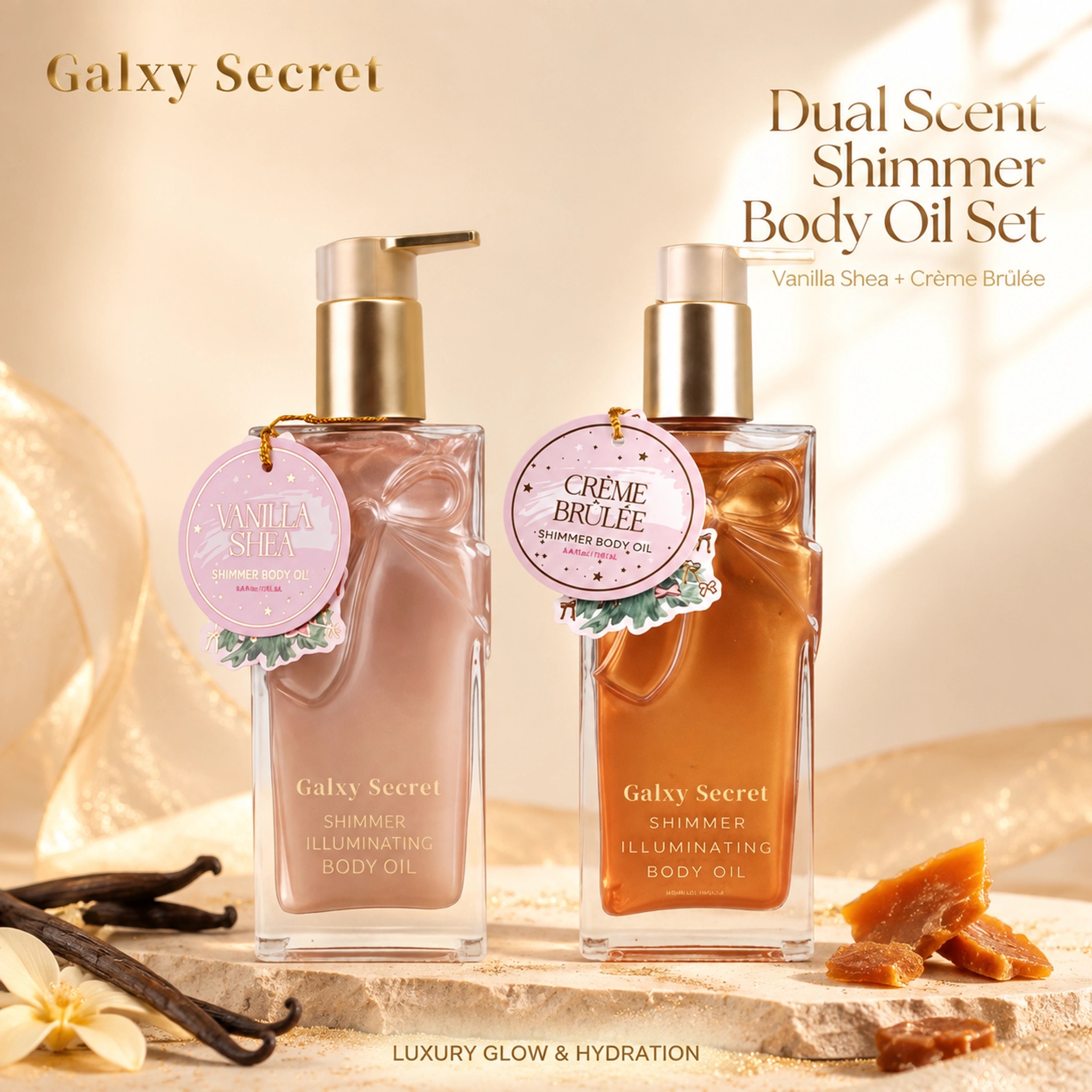 Shimmer Illuminating Body Oil Vanilla Shea Creme Brulee Scent Moisturizing Nourishing Skin Private Label Custom Logo Wholesale