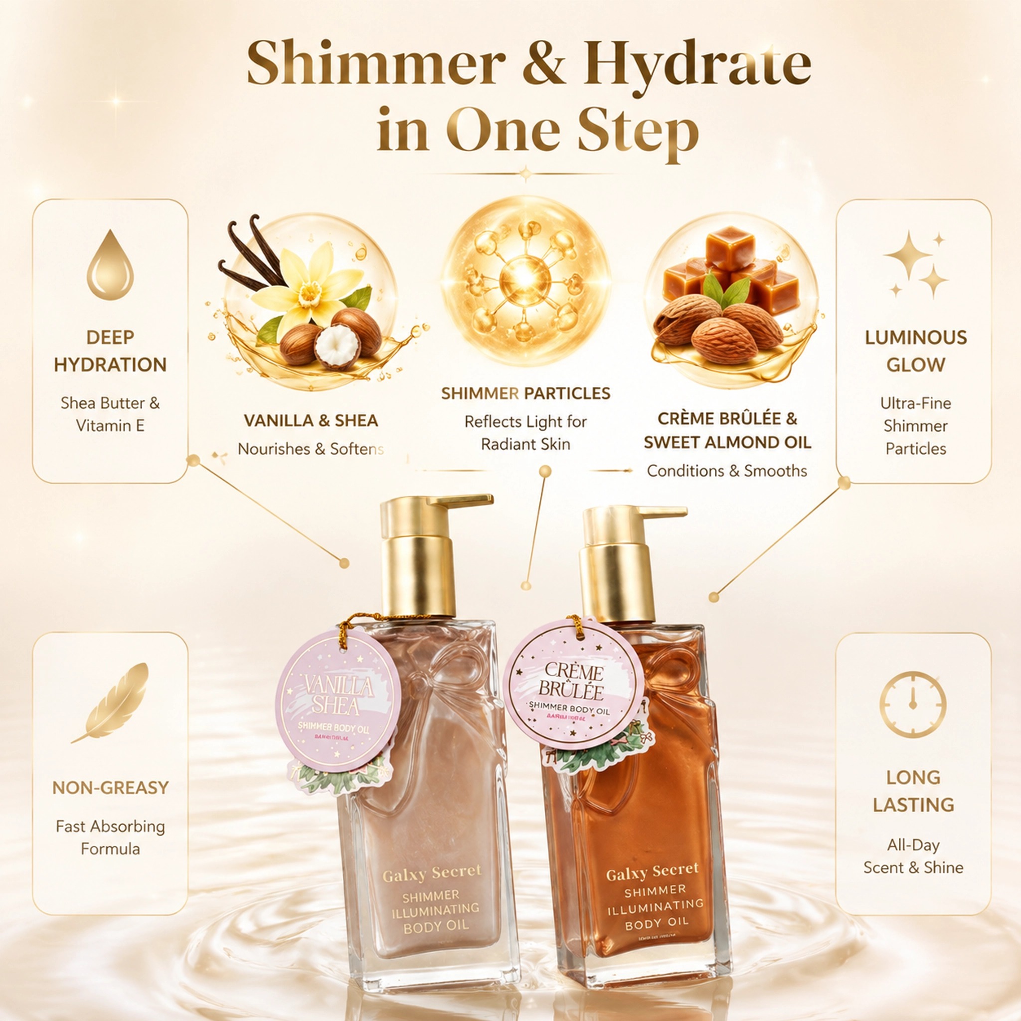 Shimmer Illuminating Body Oil Vanilla Shea Creme Brulee Scent Moisturizing Nourishing Skin Private Label Custom Logo Wholesale