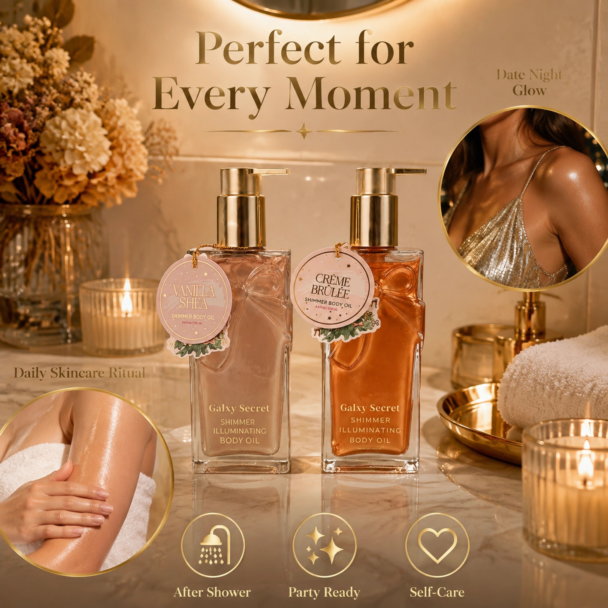 Shimmer Illuminating Body Oil Vanilla Shea Creme Brulee Scent Moisturizing Nourishing Skin Private Label Custom Logo Wholesale
