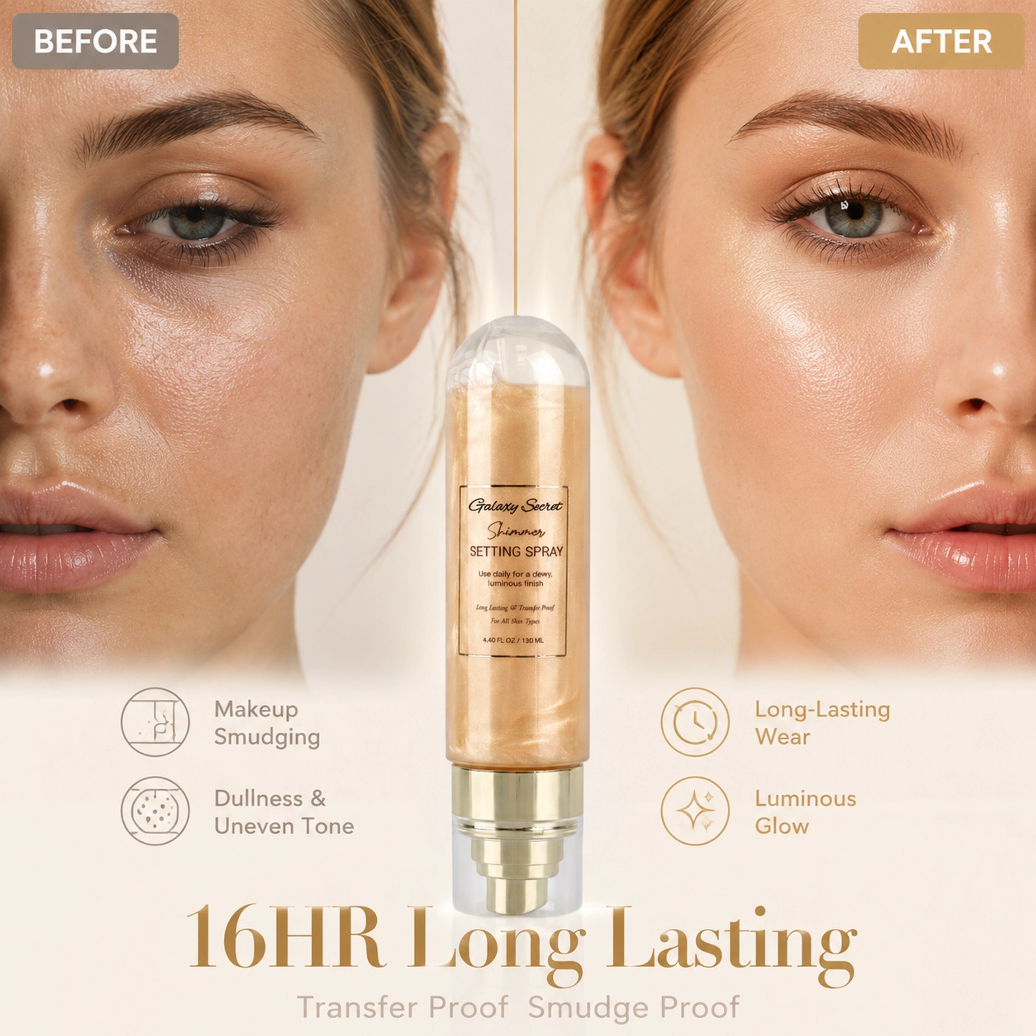 Shimmer Face Setting Spray 130ml Long Lasting Transfer Proof Luminous Dewy Finish Makeup Fix Private Label Custom Logo Wholesale