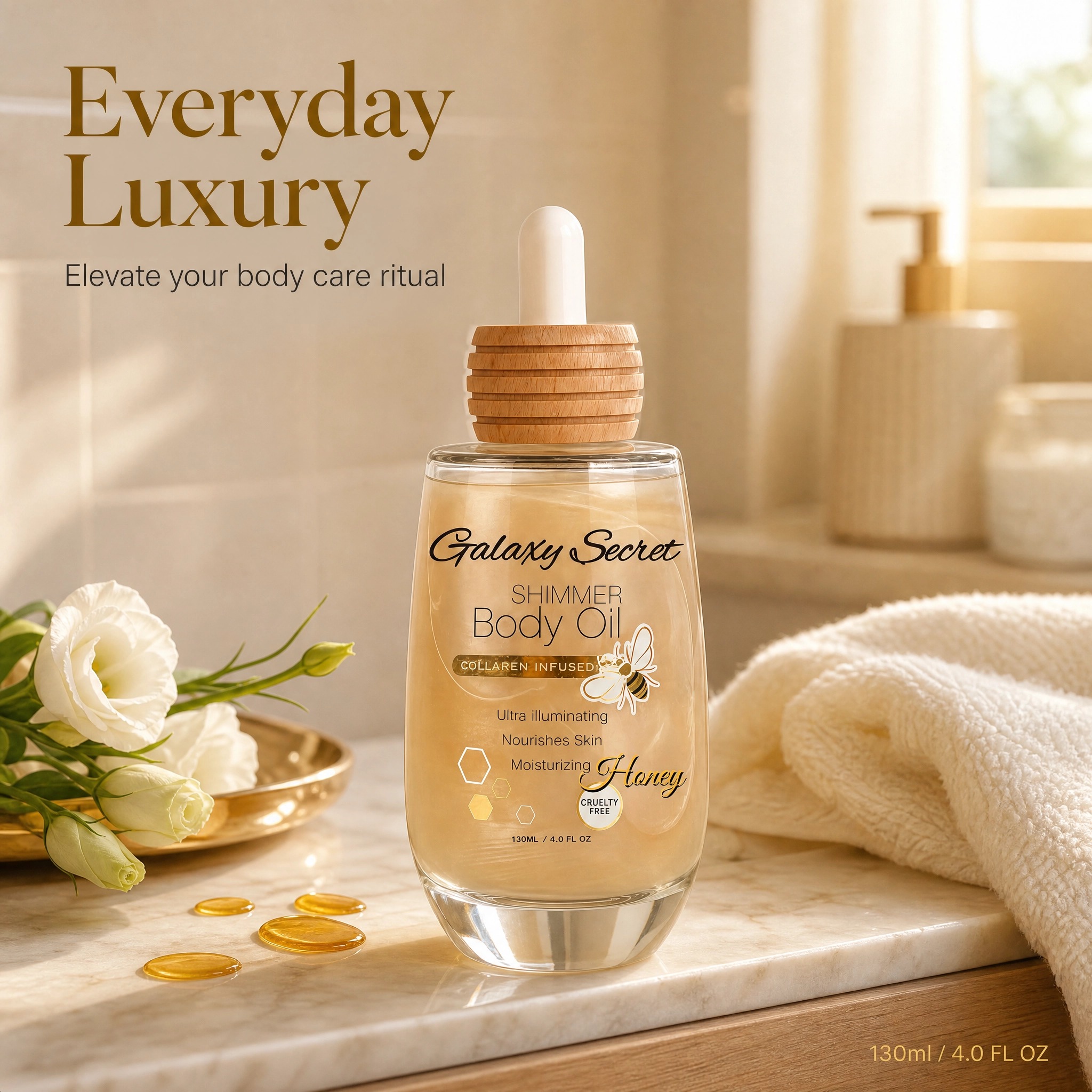 Shimmer Vegan Cruelty-free Body Oil 130ml Lightening Illuminating Moisturizing Nourishing Skin Private Label Custom Logo