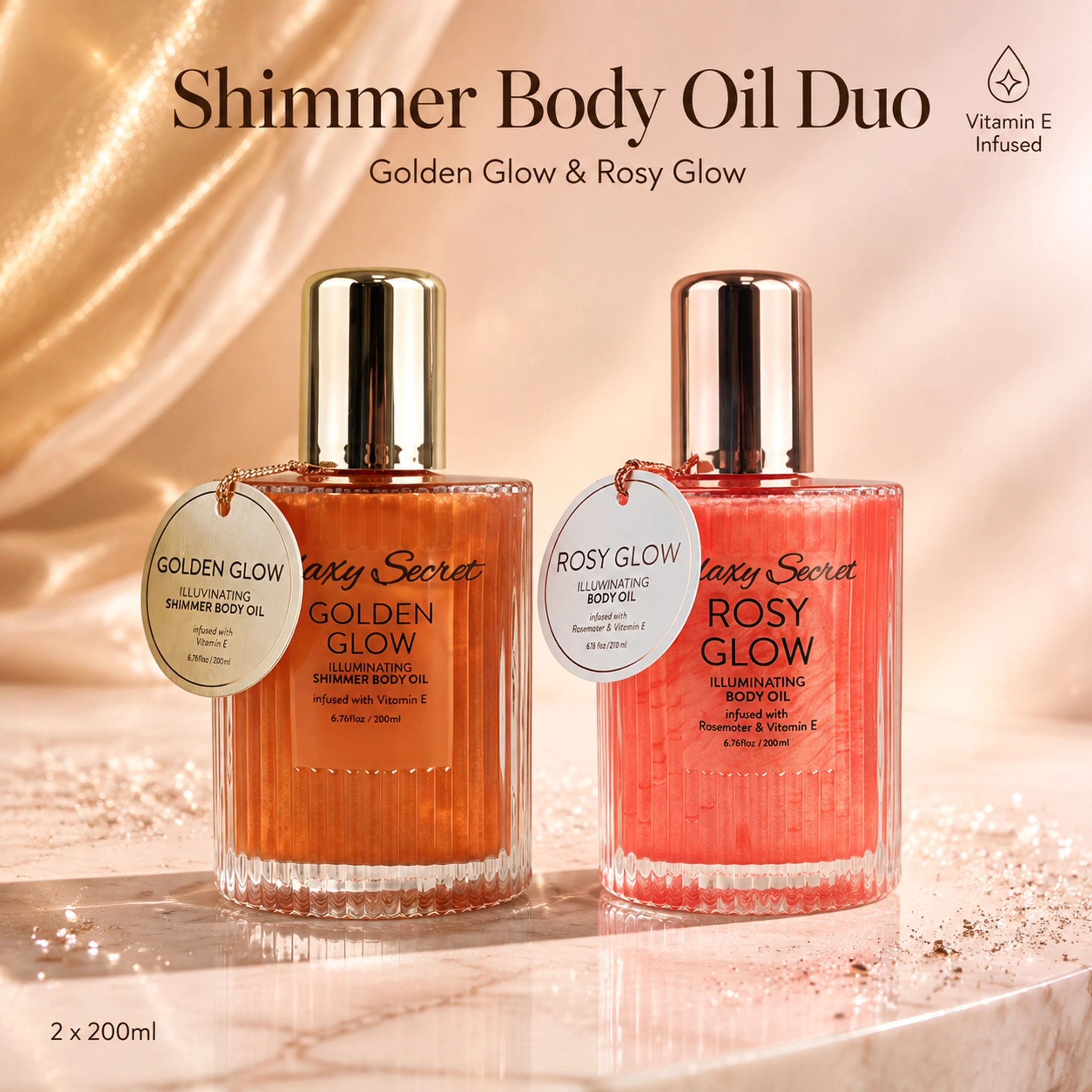 200ml Illuminating Shimmer Body Oil Golden & Rosy Glow Vitamin E Infused Moisturizing Private Label Custom Logo