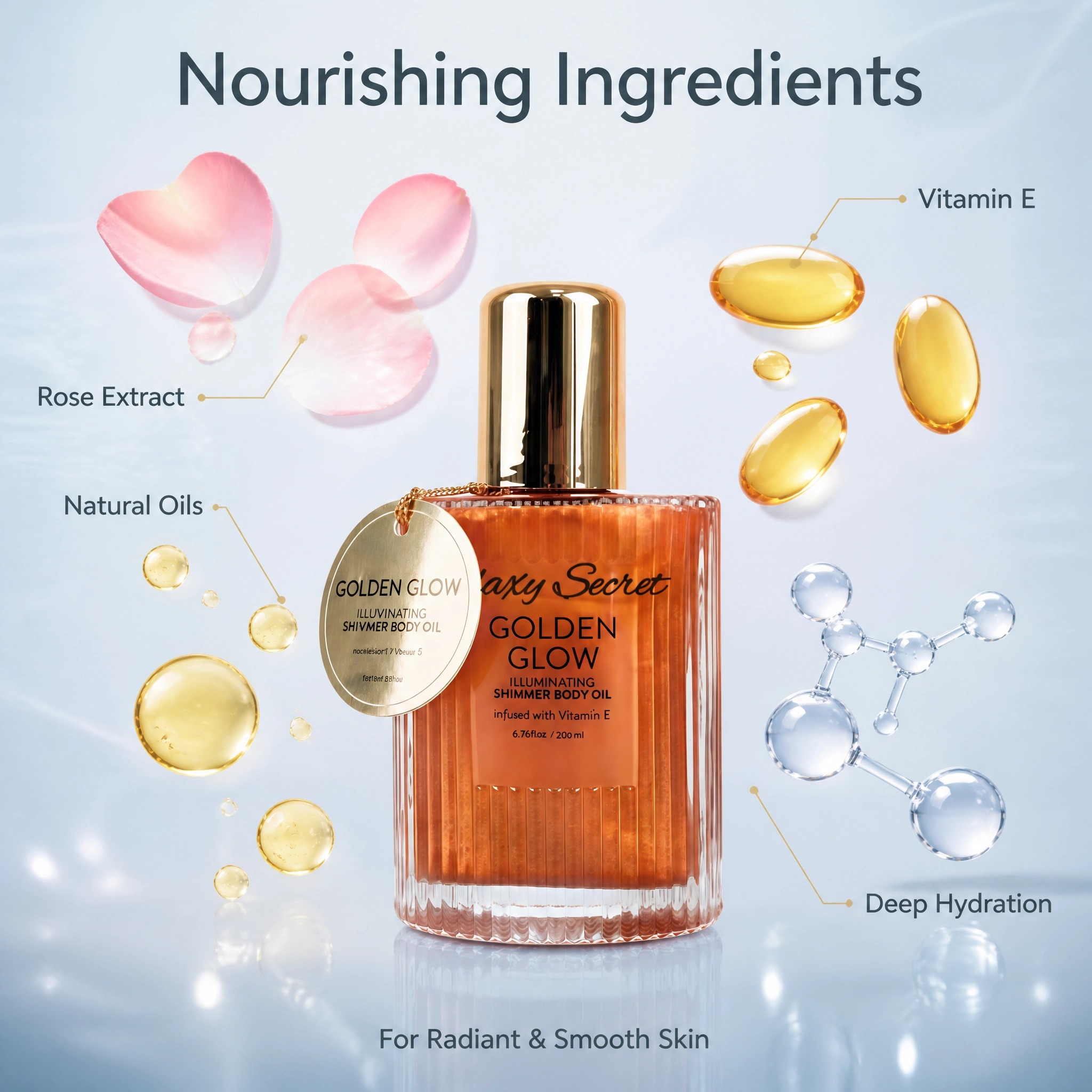200ml Illuminating Shimmer Body Oil Golden & Rosy Glow Vitamin E Infused Moisturizing Private Label Custom Logo