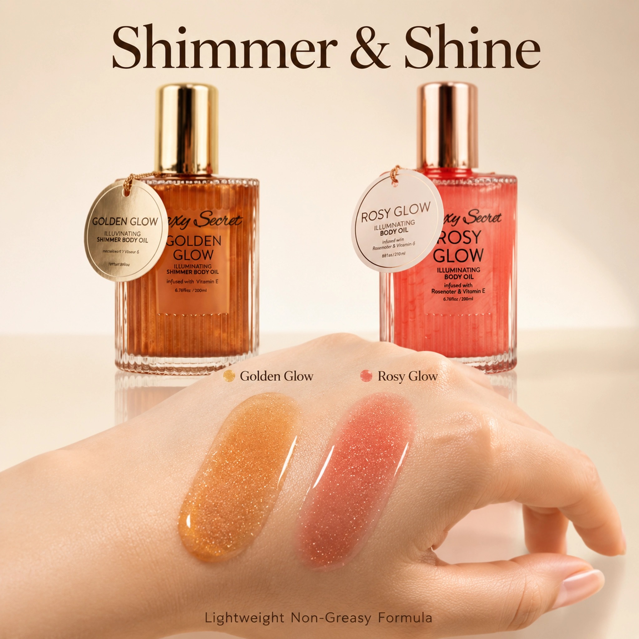 200ml Illuminating Shimmer Body Oil Golden & Rosy Glow Vitamin E Infused Moisturizing Private Label Custom Logo