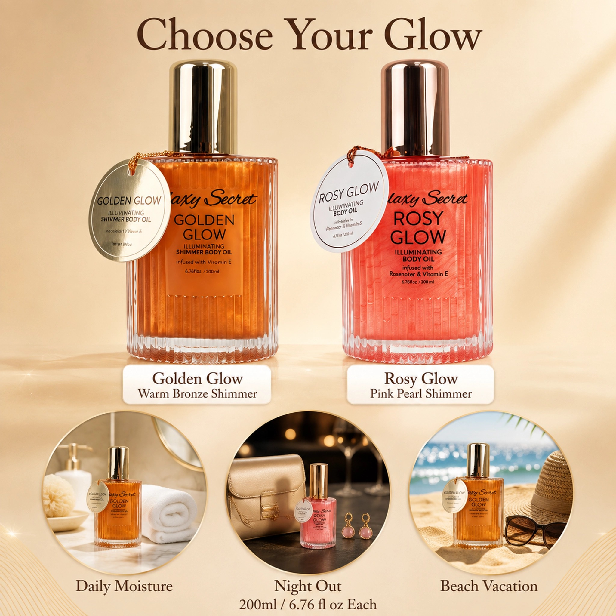 200ml Illuminating Shimmer Body Oil Golden & Rosy Glow Vitamin E Infused Moisturizing Private Label Custom Logo