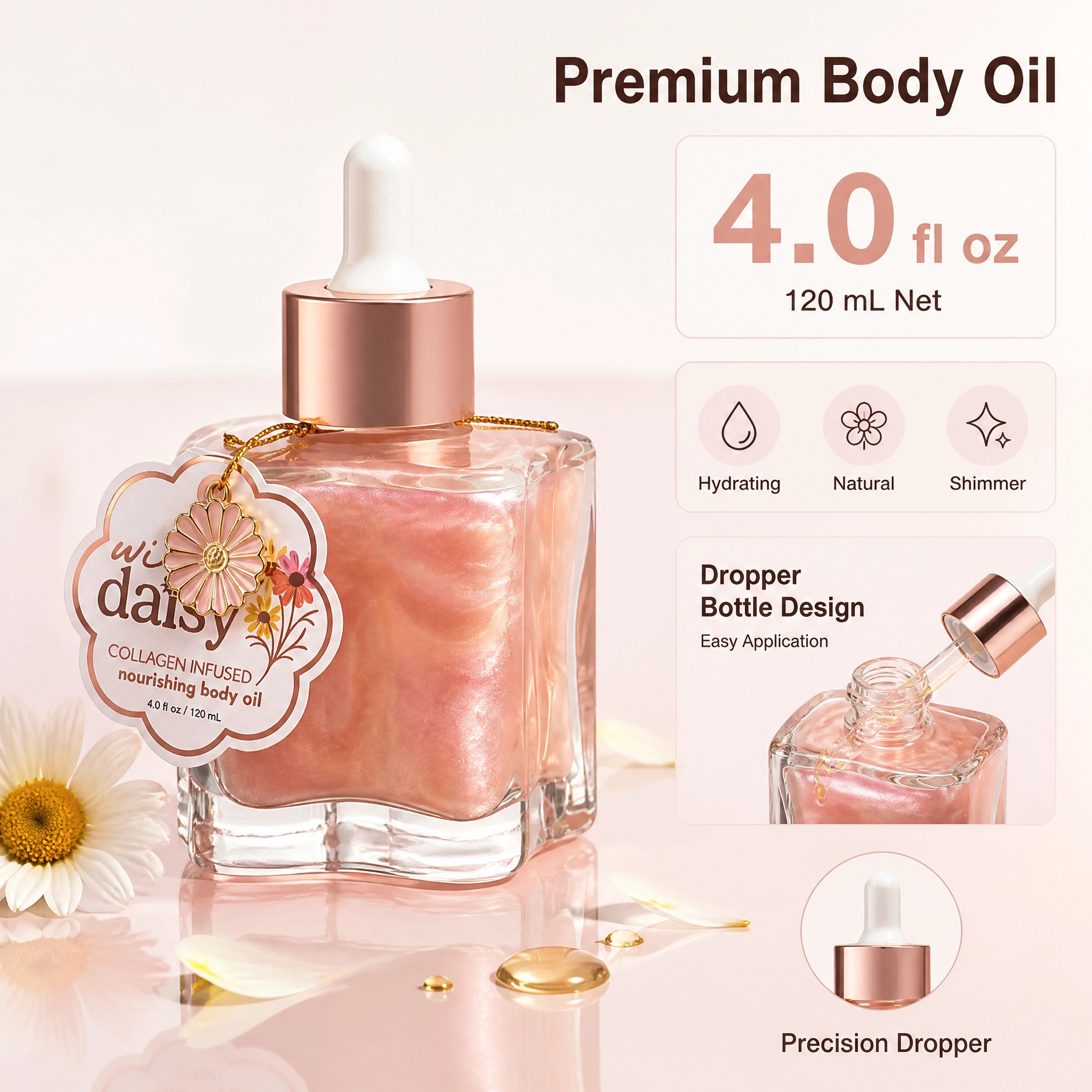 Daisy Shimmer Illuminating Body Oil 120ml Collagen Infused Moisturizing Nourishing Private Label Custom Logo Wholesale