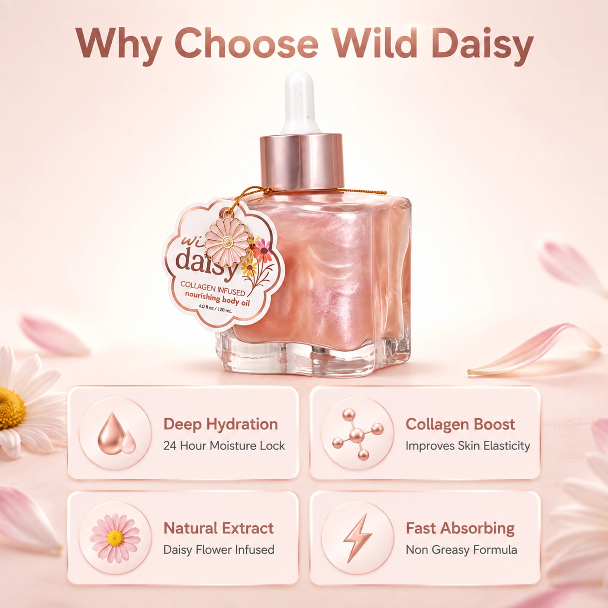 Daisy Shimmer Illuminating Body Oil 120ml Collagen Infused Moisturizing Nourishing Private Label Custom Logo Wholesale
