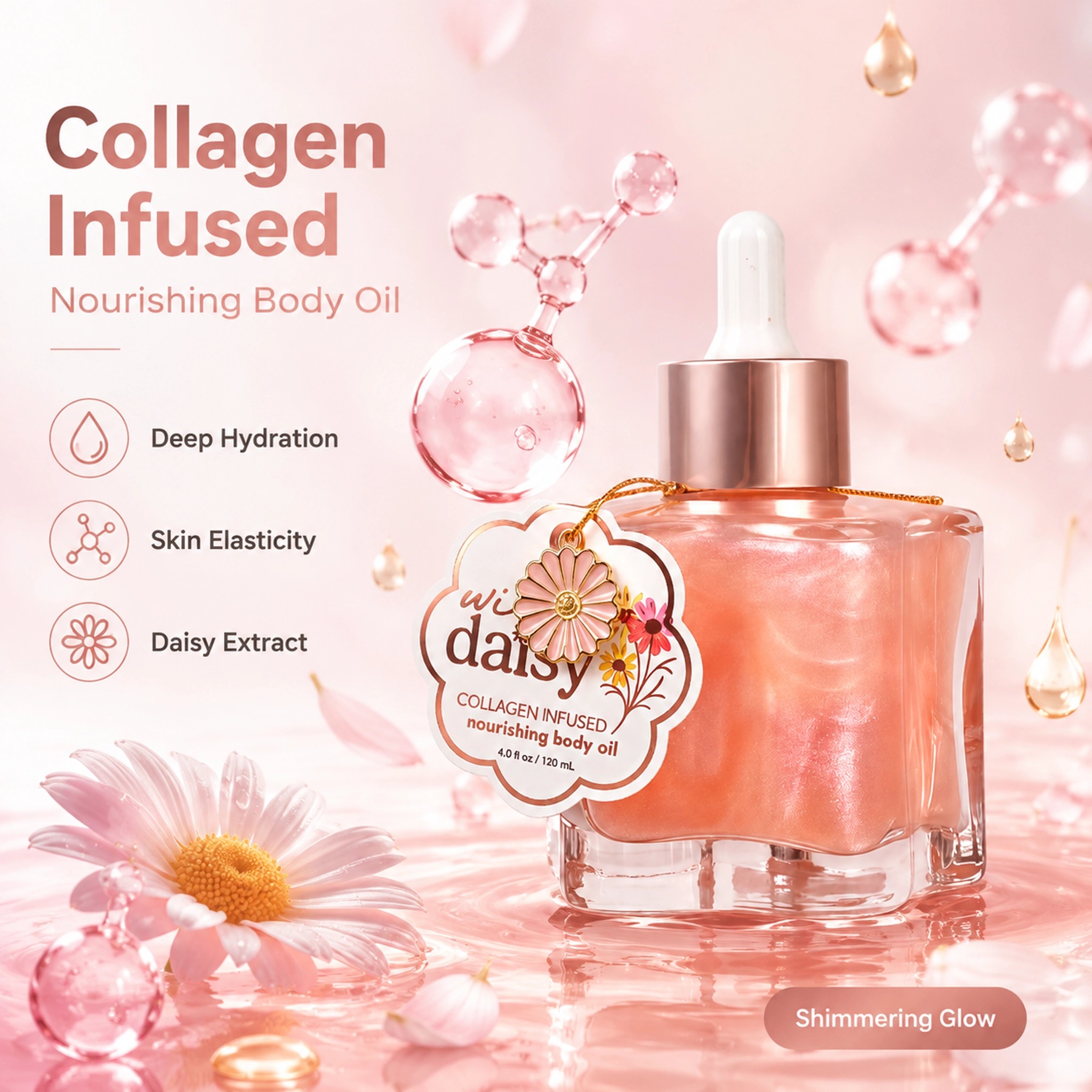 Daisy Shimmer Illuminating Body Oil 120ml Collagen Infused Moisturizing Nourishing Private Label Custom Logo Wholesale