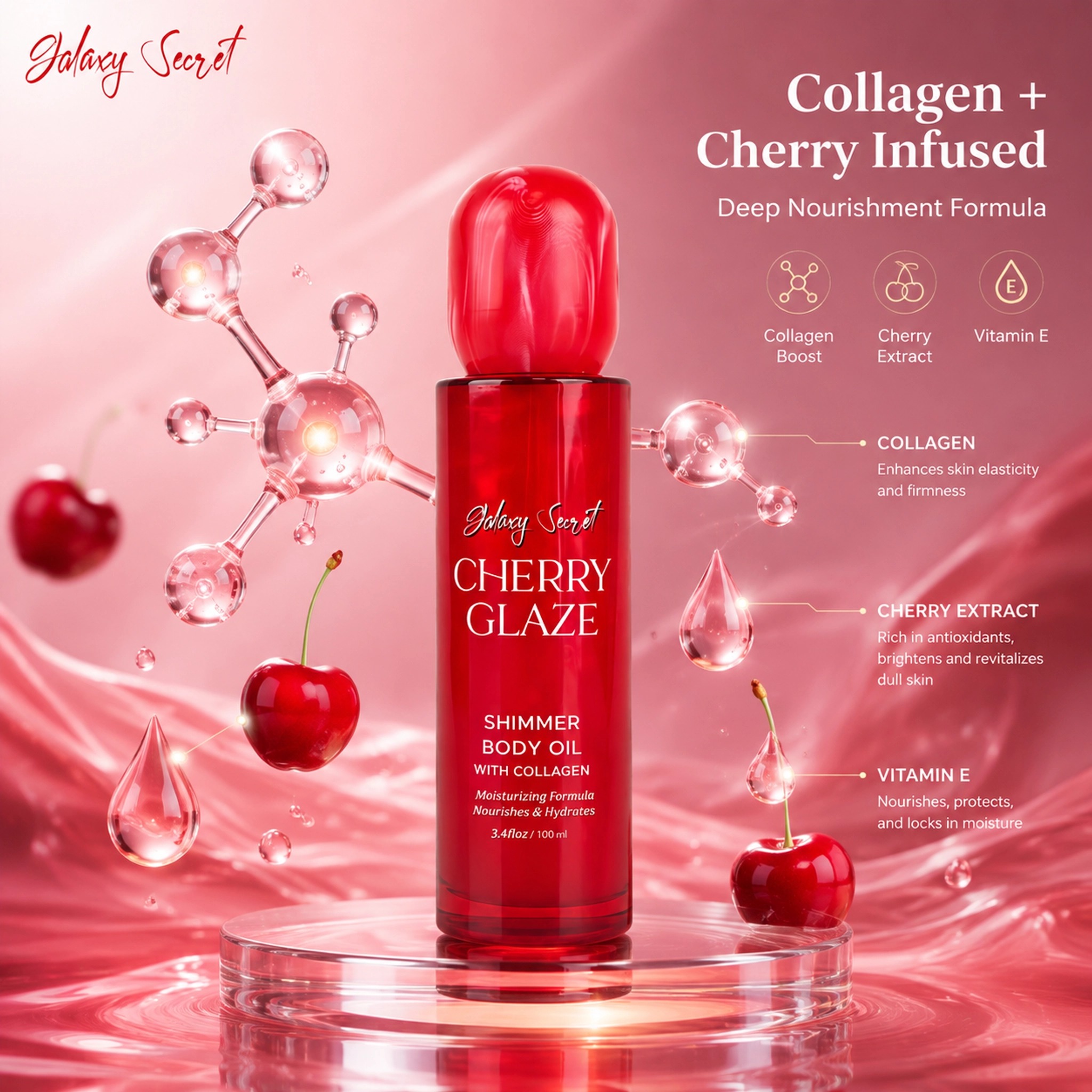Cherry Glaze Shimmer Body Oil 100ml Collagen Infused Moisturizing Hydrating Nourishing Private Label Custom Logo Wholesale