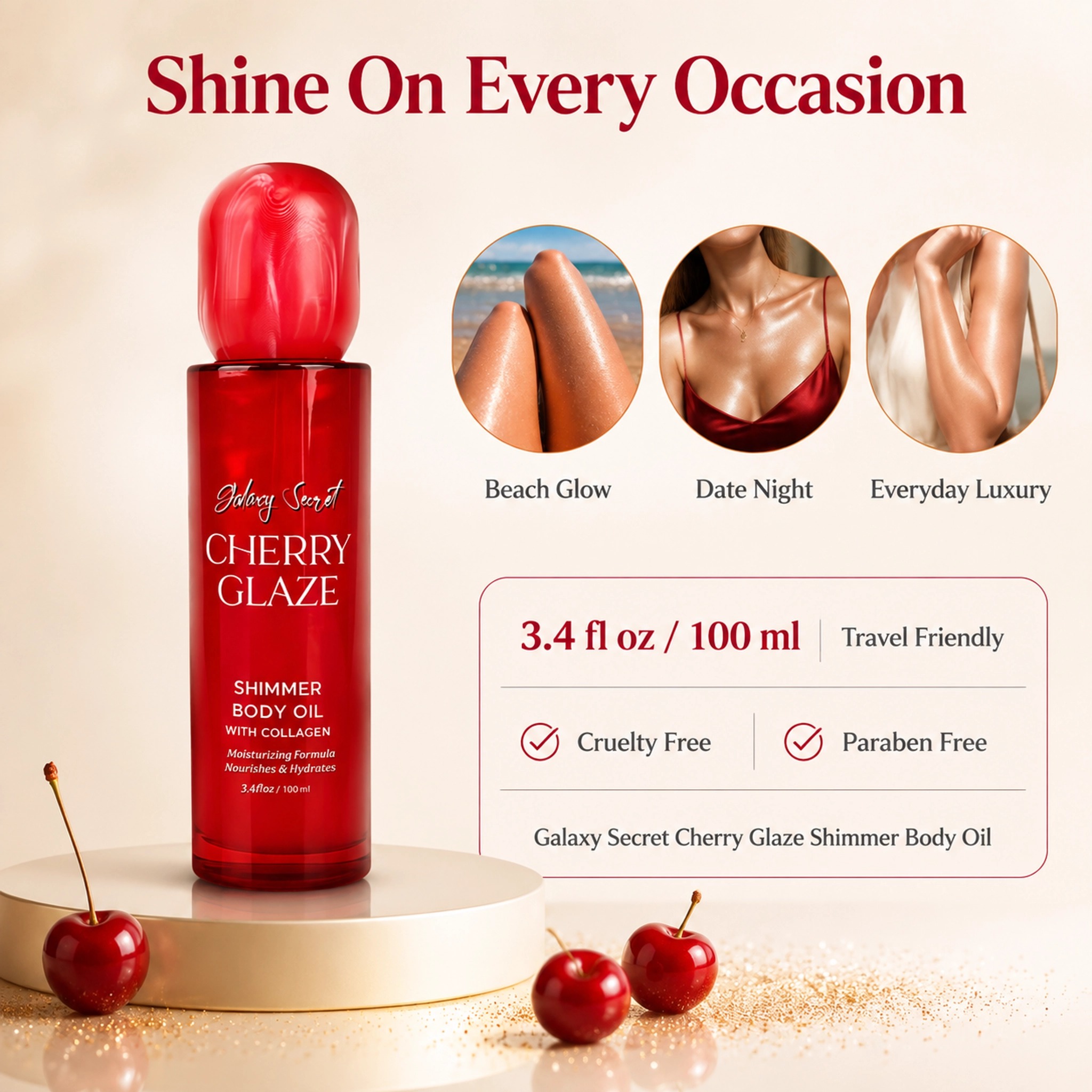 Cherry Glaze Shimmer Body Oil 100ml Collagen Infused Moisturizing Hydrating Nourishing Private Label Custom Logo Wholesale