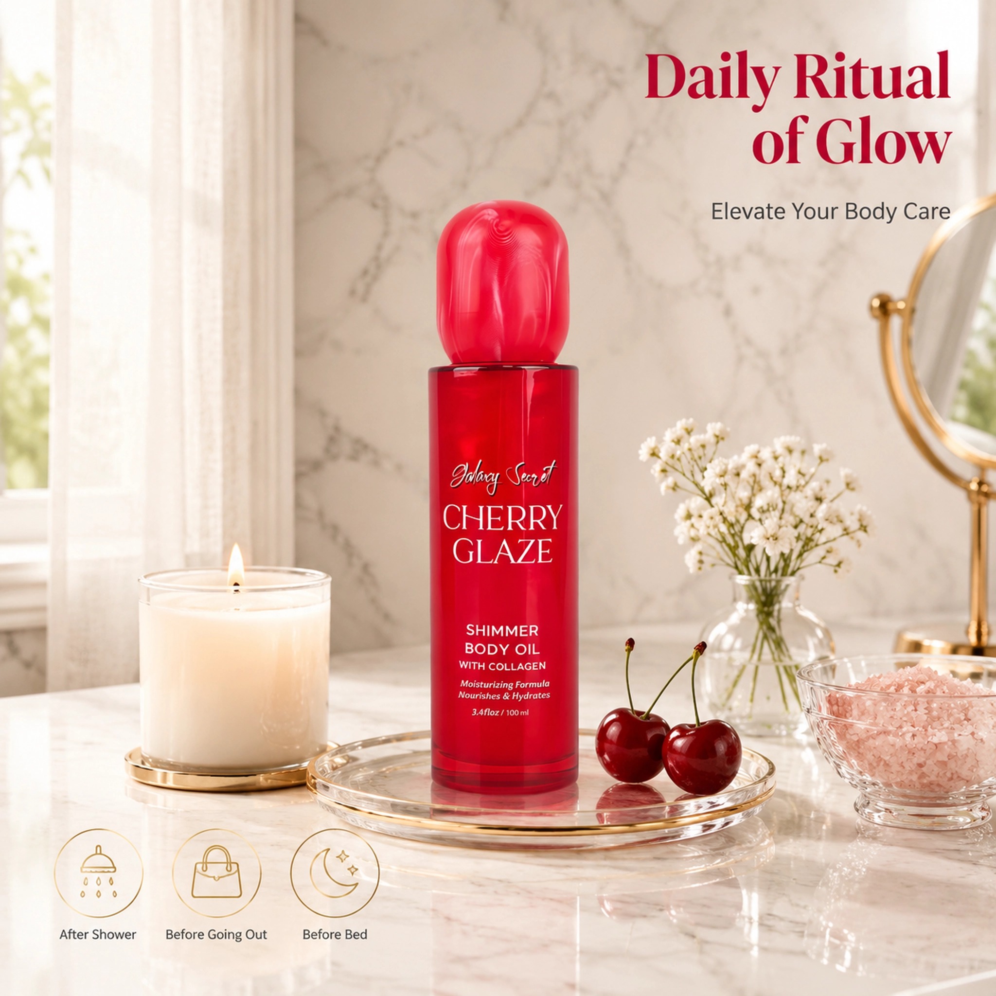 Cherry Glaze Shimmer Body Oil 100ml Collagen Infused Moisturizing Hydrating Nourishing Private Label Custom Logo Wholesale