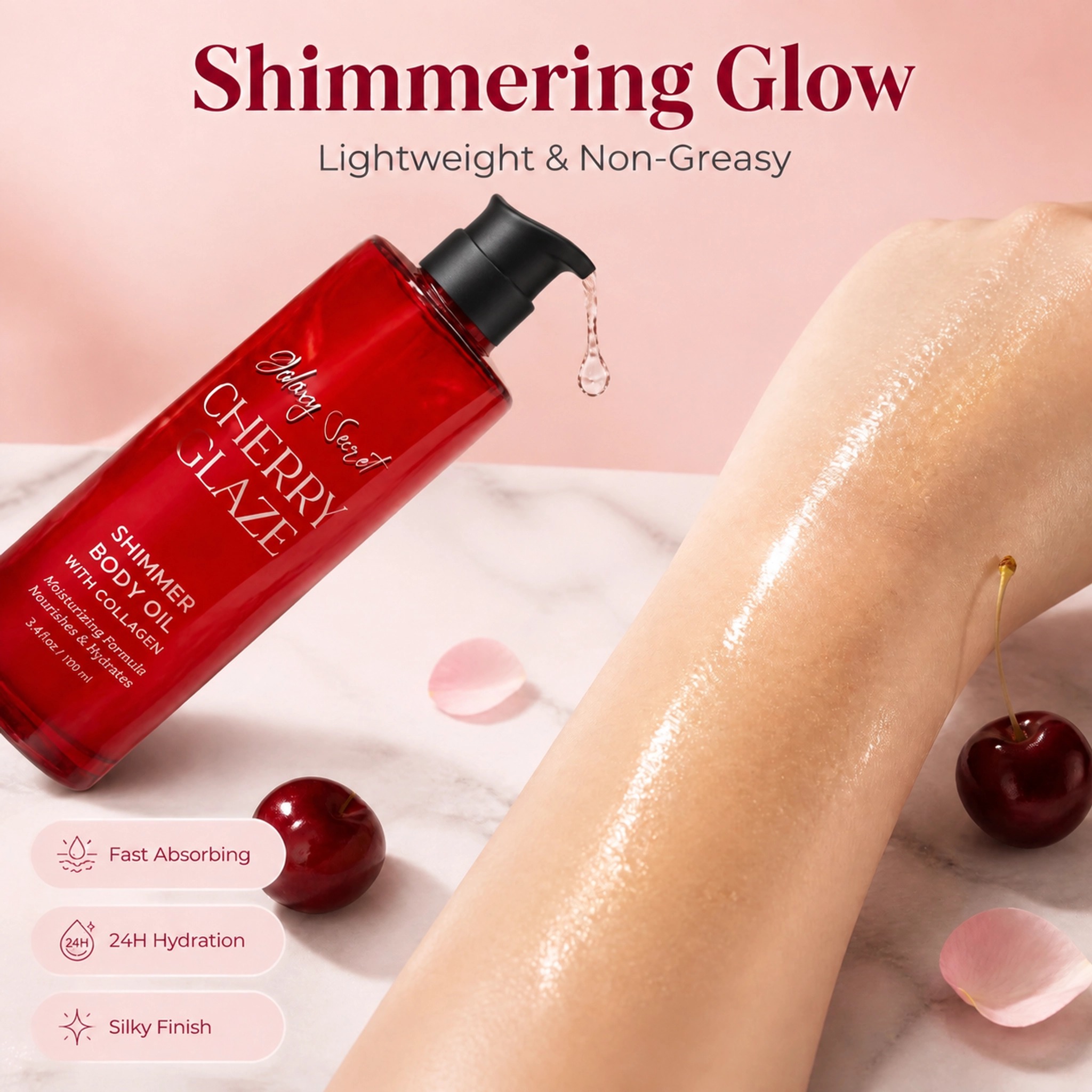 Cherry Glaze Shimmer Body Oil 100ml Collagen Infused Moisturizing Hydrating Nourishing Private Label Custom Logo Wholesale