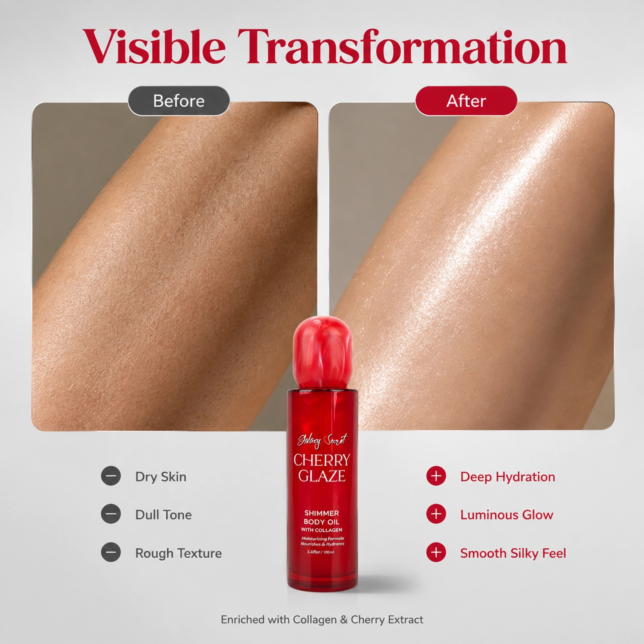 Cherry Glaze Shimmer Body Oil 100ml Collagen Infused Moisturizing Hydrating Nourishing Private Label Custom Logo Wholesale