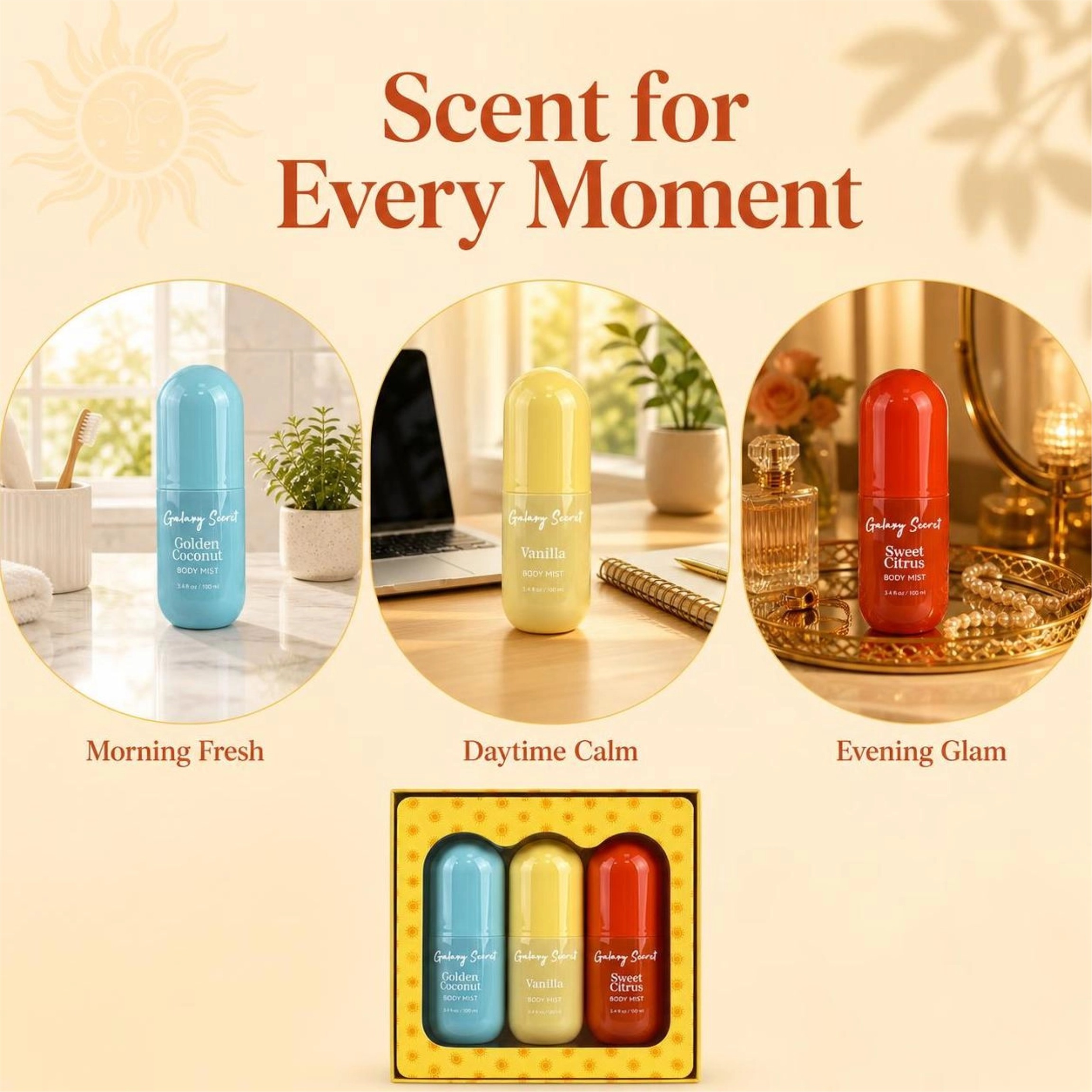 3pcs Body Mist Gift Set 100ml Each Coconut Vanilla Citrus Long Lasting Fragrance Scent Private Label Custom Logo Wholesale