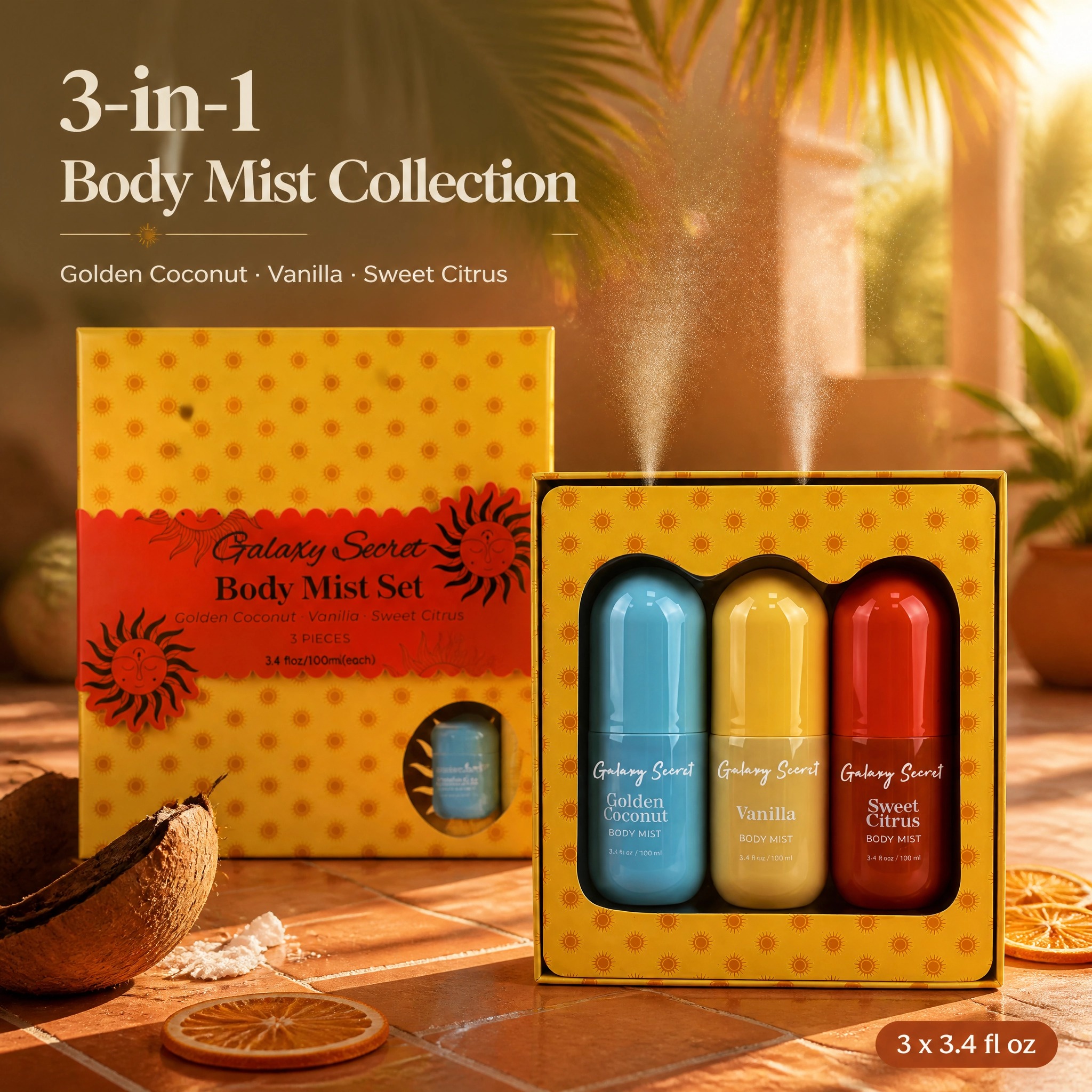 3pcs Body Mist Gift Set 100ml Each Coconut Vanilla Citrus Long Lasting Fragrance Scent Private Label Custom Logo Wholesale